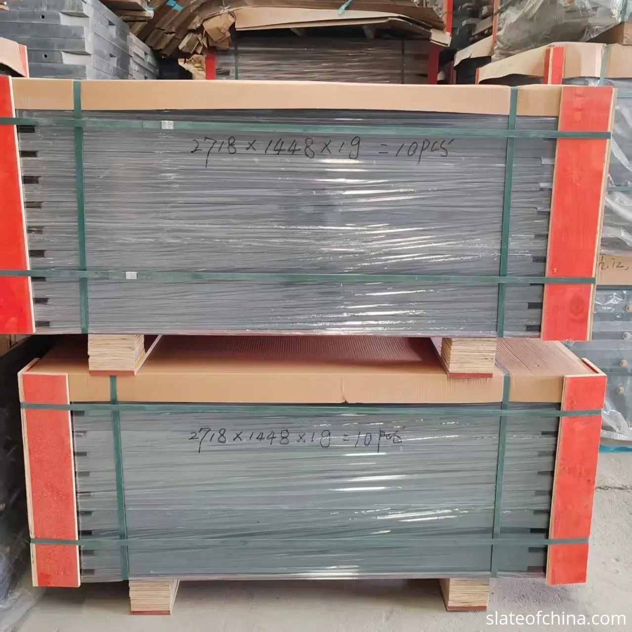 OEM Billiard Slate for Table Manufacturers 6 Export wooden crates containing OEM billiard slate sets, with shipping marks and brand labels, stacked and ready for container loading