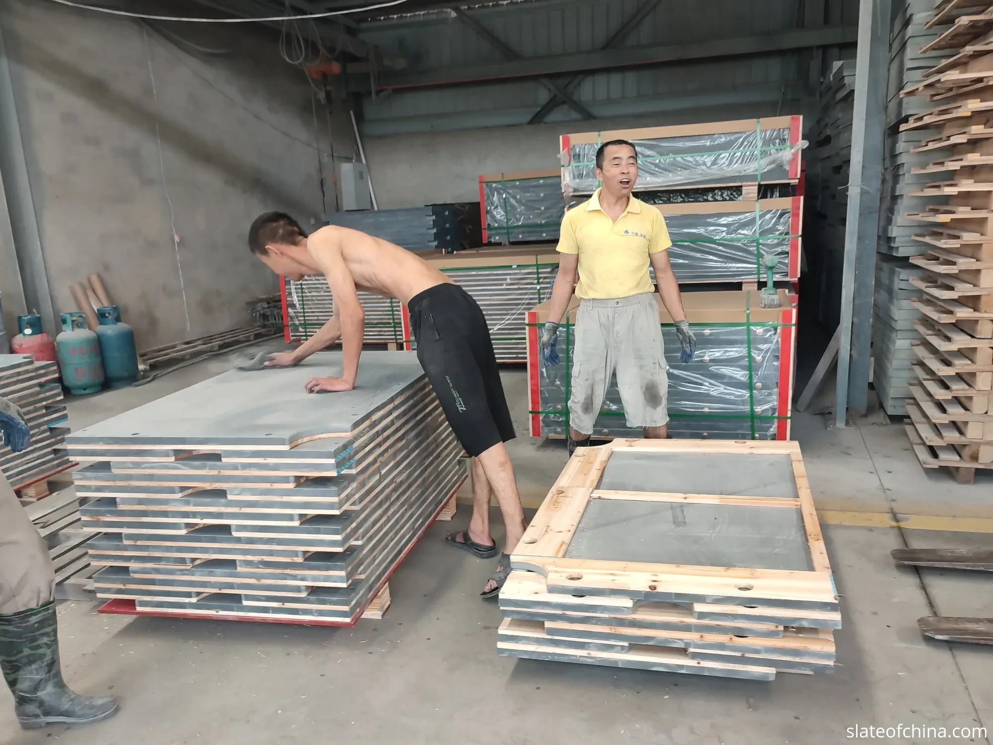 OEM Billiard Slate for Table Manufacturers 1 Multiple OEM billiard slate sets for different table types laid out on a factory floor for inspection