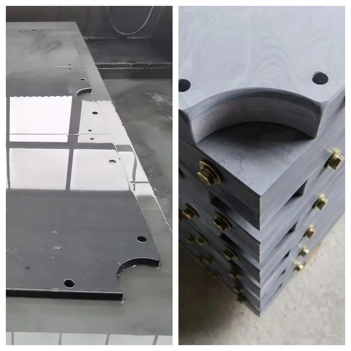 Pool slate vs snooker slate thickness edges Finished grey billiard slate panels standing edge-on side by side showing 25 mm and 45 mm thicknesses