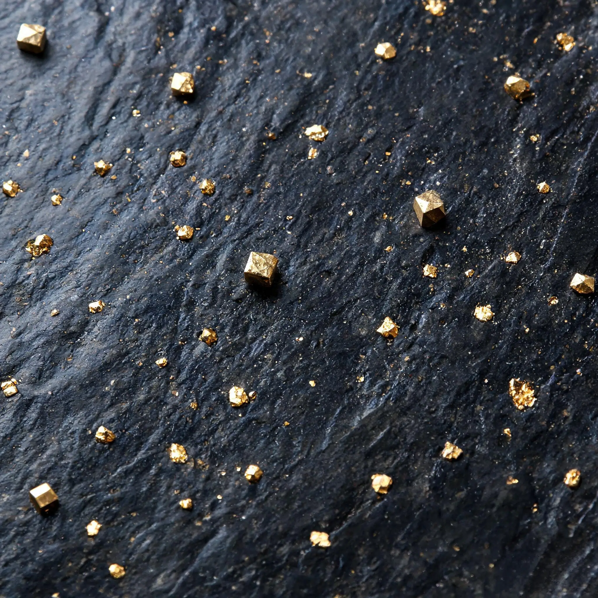 Jiujiang Slate Mineral Composition 3 Polished surface of Jiujiang slate showing golden pyrite crystal flecks scattered across the dark grey stone, the same gold stars seen in Song dynasty inkstones