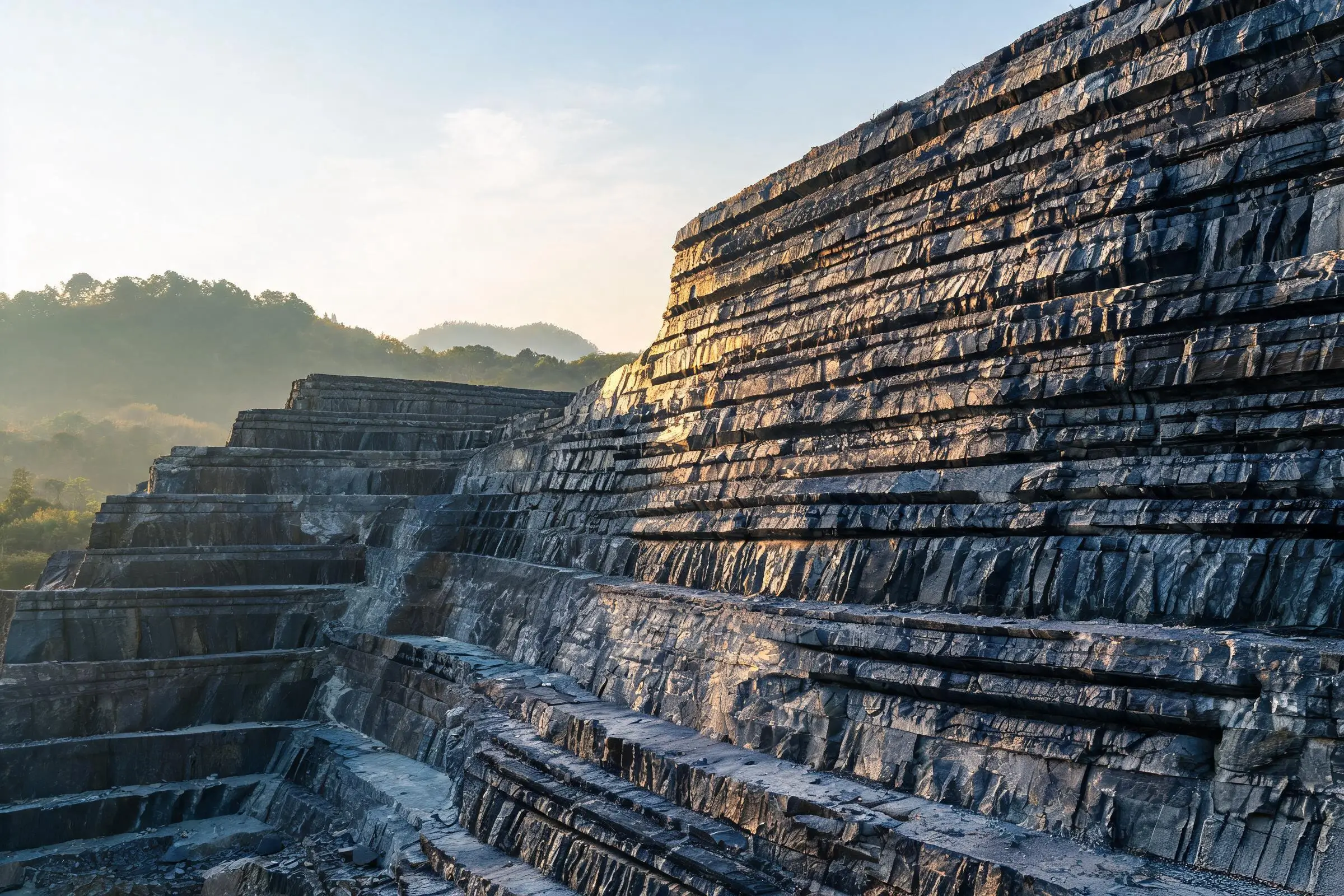 Jiujiang slate quarry face with visible bedding planes Slate quarry rock face showing natural layering in morning light, Jiujiang