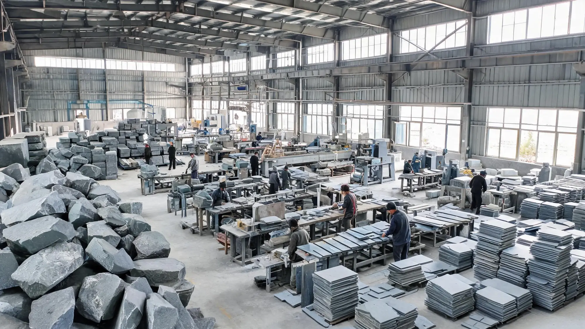 Production line in a slate factory showing rough blocks on the left and finished roofing tiles on the right
