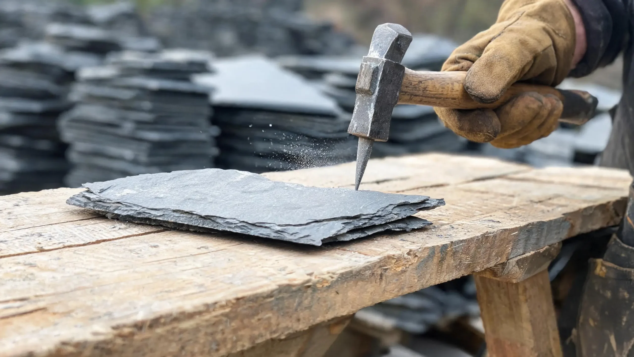 Reusing Existing Roofing Slate 5 Worker using a slate hammer to punch a new nail hole in a reclaimed slate tile