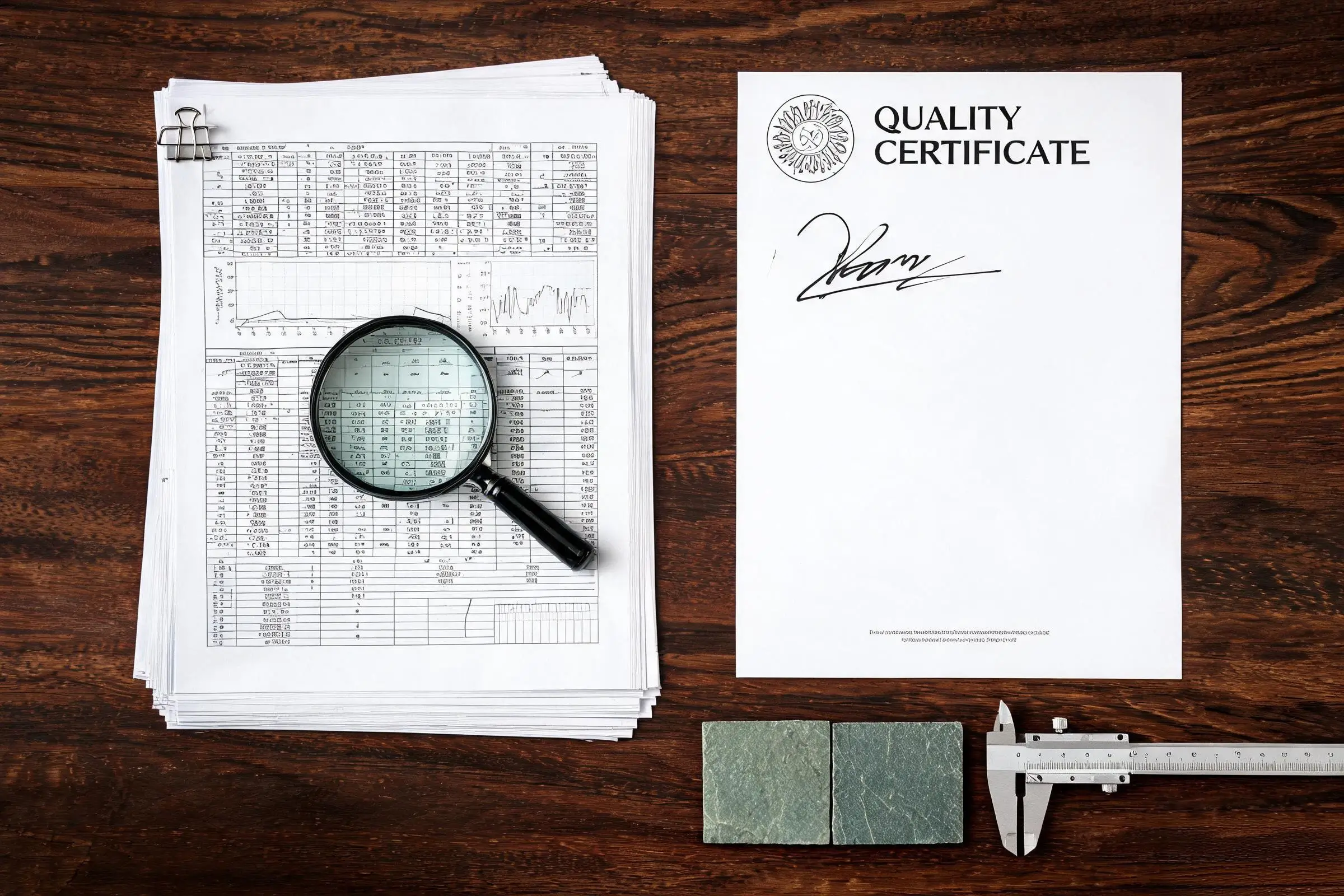 Slate Testing: What Buyers Should Ask For 2 Thick data-rich test report beside a single-page generic quality certificate