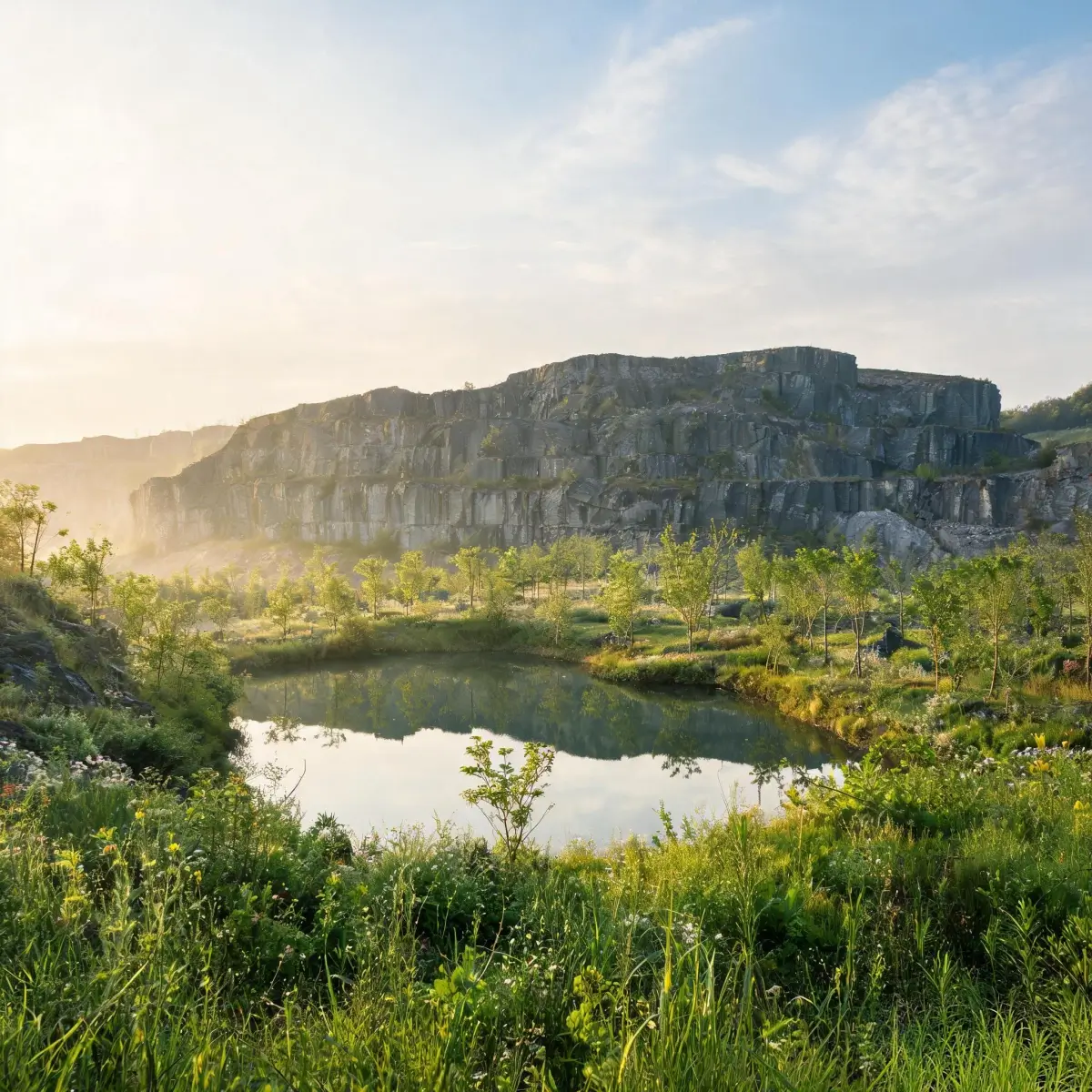 Reclaimed slate quarry restored to nature with lake and vegetation