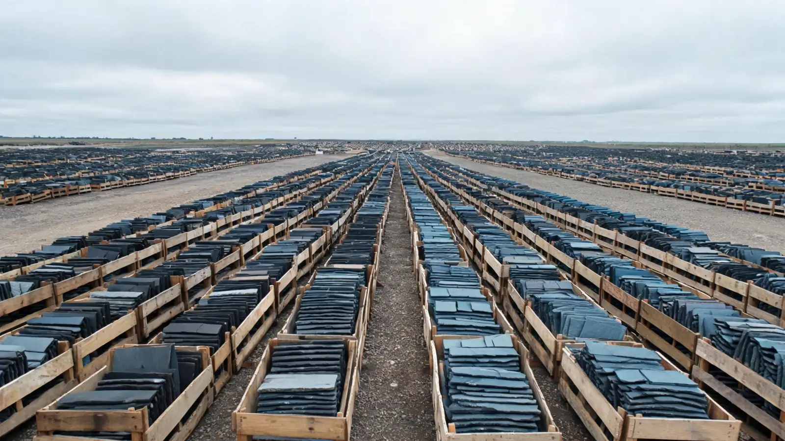 Can Roofing Slate Be Reused or Recycled? 2 Reclaimed slate tiles packed in wooden crates sorted by size and colour at a salvage yard