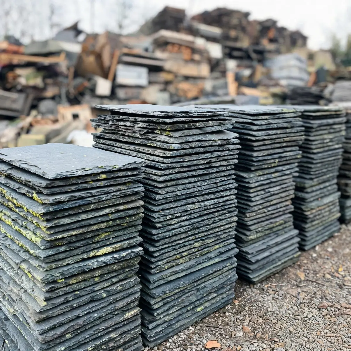 Can Roofing Slate Be Reused or Recycled? 1 Reclaimed roofing slate tiles neatly stacked in sorted piles at a salvage yard