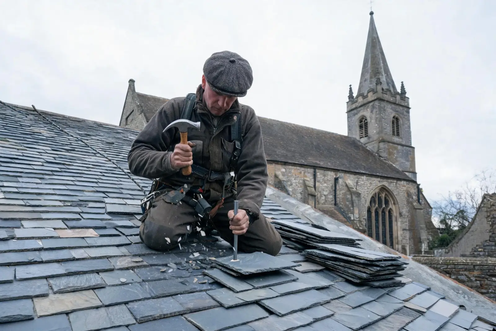 Heritage Building and Restoration Projects 4 Weathered reclaimed slate tile beside a new slate sample with a caliper measuring thickness