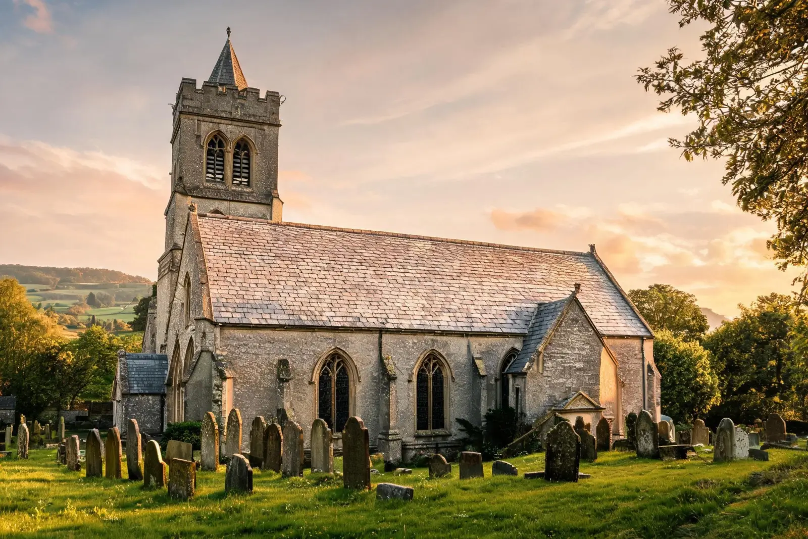 Heritage Building and Restoration Projects 6 Fully restored 19th century English church with grey slate roof in golden evening light