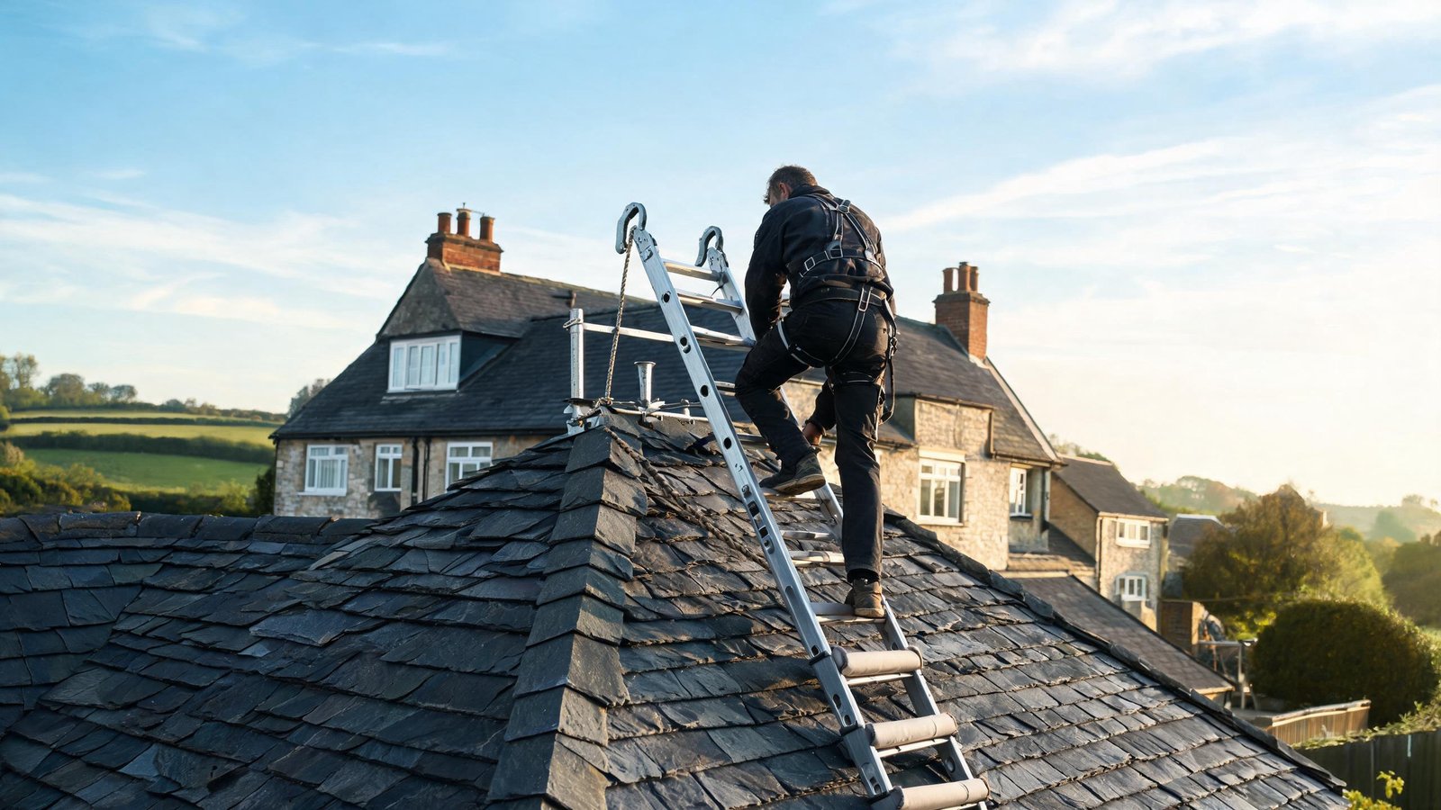 Roof ladder on a slate roof — the correct way to access upper slopes Roof crawler ladder properly hooked over the ridge of a natural slate roof