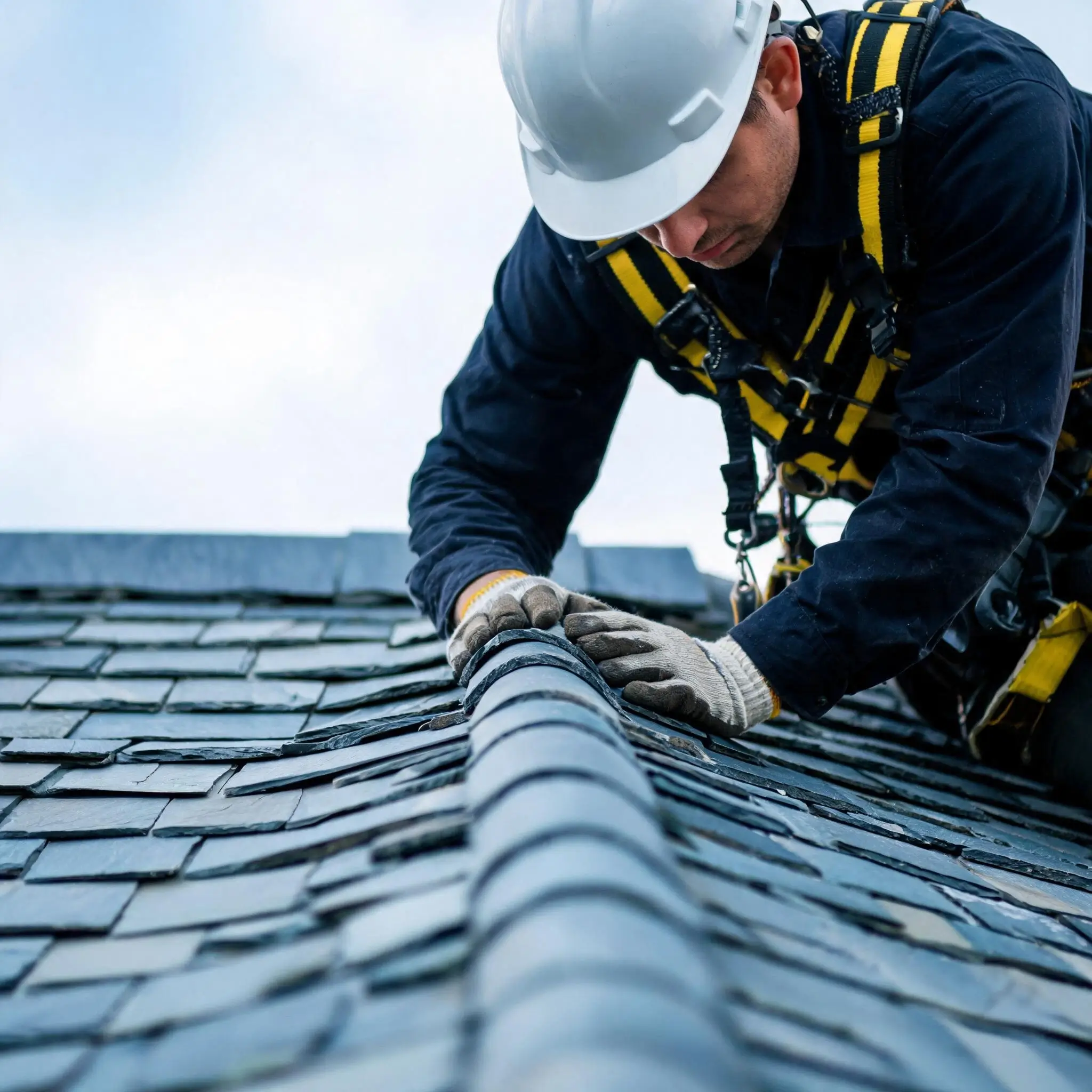 Slate Roof Maintenance Checklist 2 A professional roofer in a safety harness inspecting ridge tiles on a natural grey slate roof