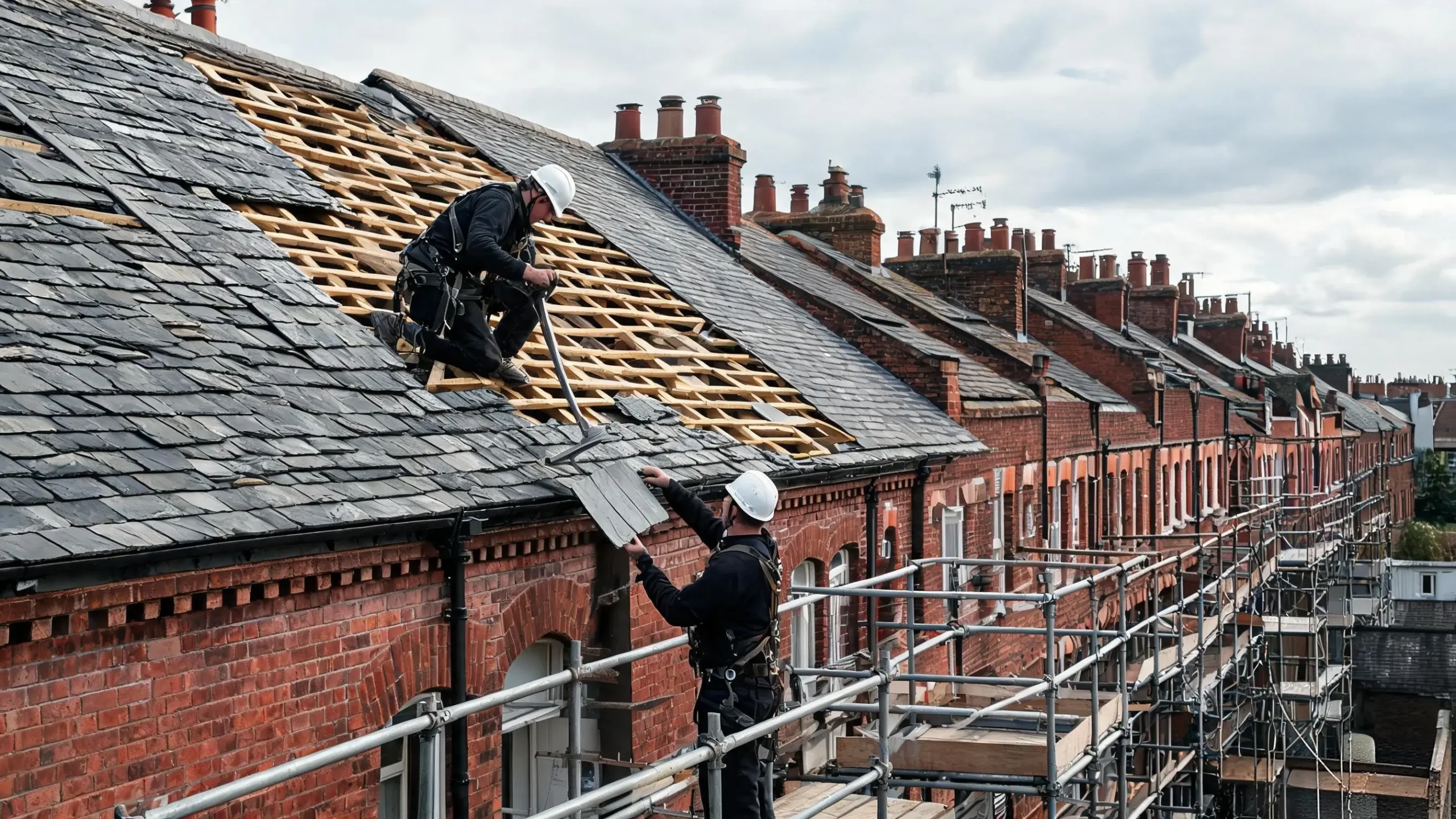 Reusing Existing Roofing Slate 2 Two roofers stripping an old slate roof by hand and passing tiles down the scaffold
