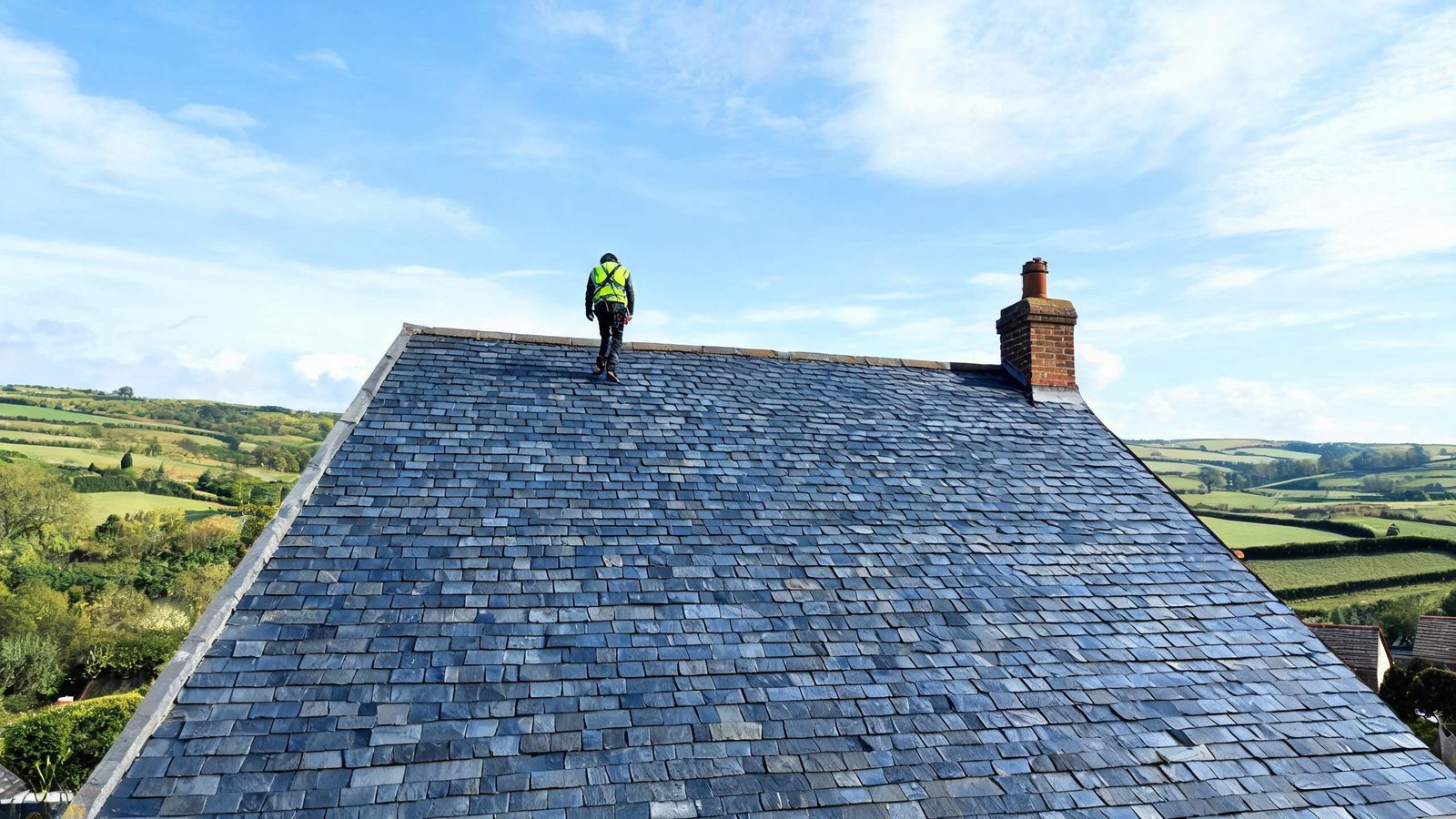 Roofer safely walking on a slate roof with harness and ridge anchor Professional roofer in safety harness walking across a natural slate roof