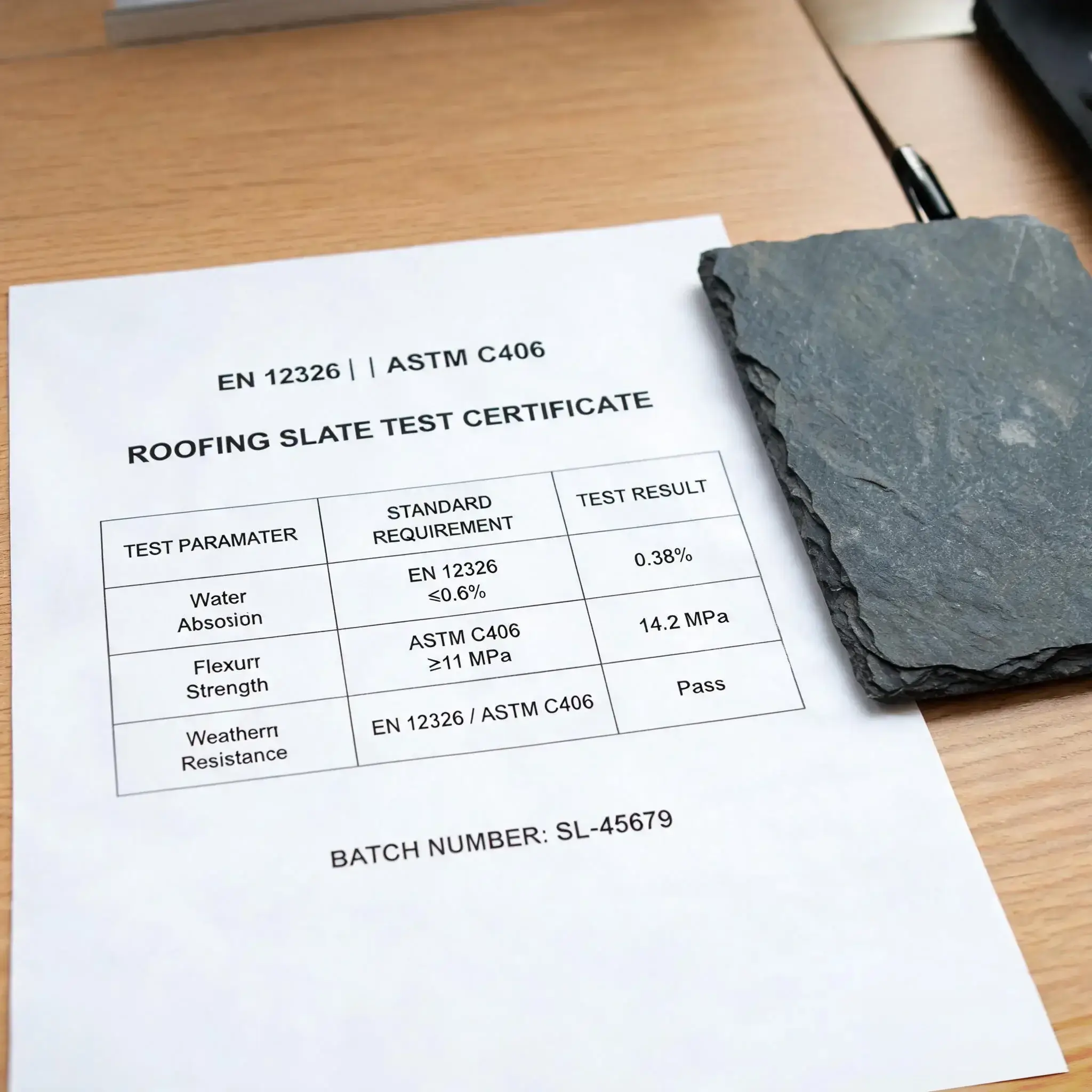 Roofing Slate Technical Data 6 EN 12326 and ASTM C406 roofing slate test certificate report with absorption and strength results
