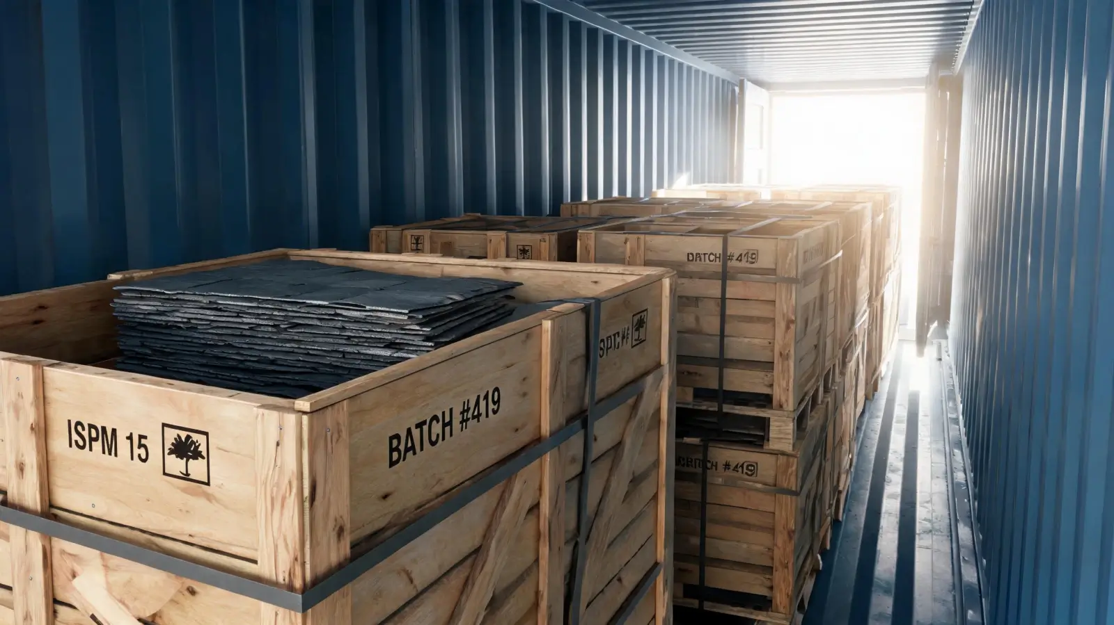 Roofing Slate FAQ 5 Wooden crates of roofing slate stacked inside a shipping container