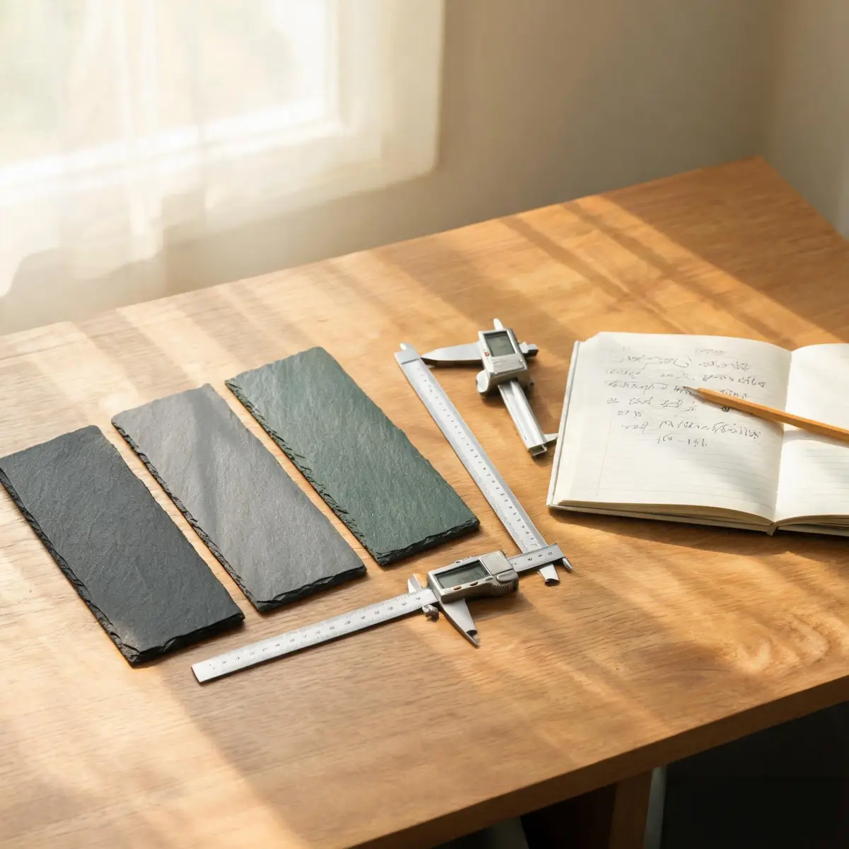 Roofing Slate FAQ 1 Slate roofing samples arranged on a desk with measuring tools and notebook