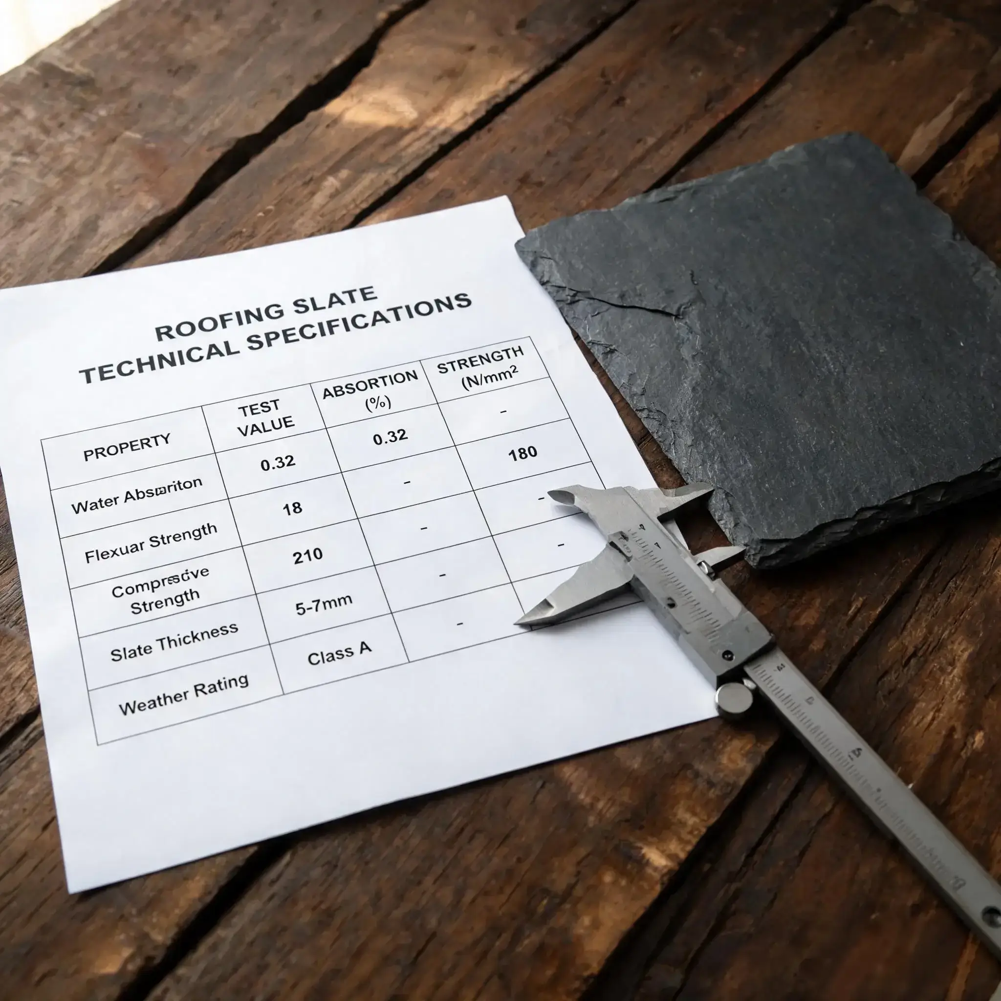 Roofing Slate Technical Data 1 roofing slate technical data specification sheet on a workbench with callipers and a slate tile