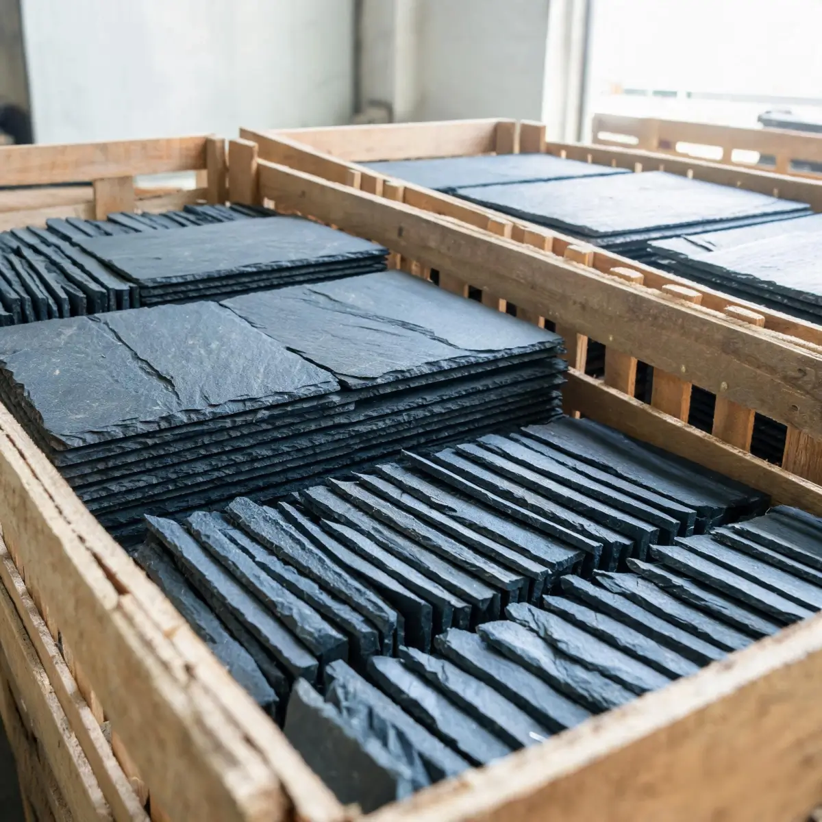 Roofing slate tiles stacked in wooden crates at factory