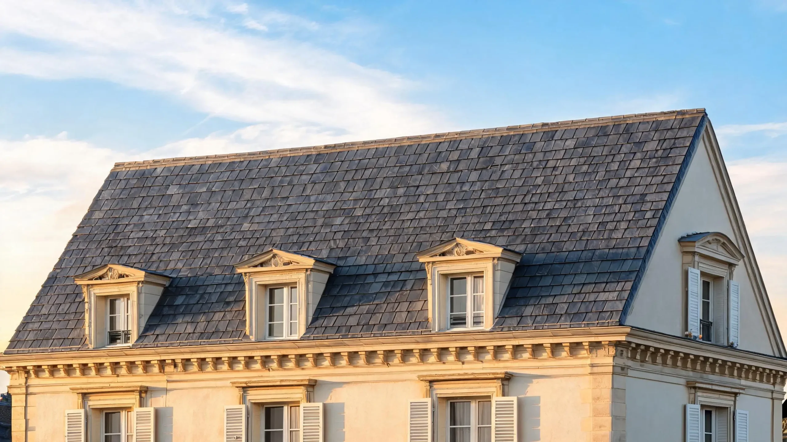 Completed natural slate roof on a European-style building showing consistent colour and correct installation