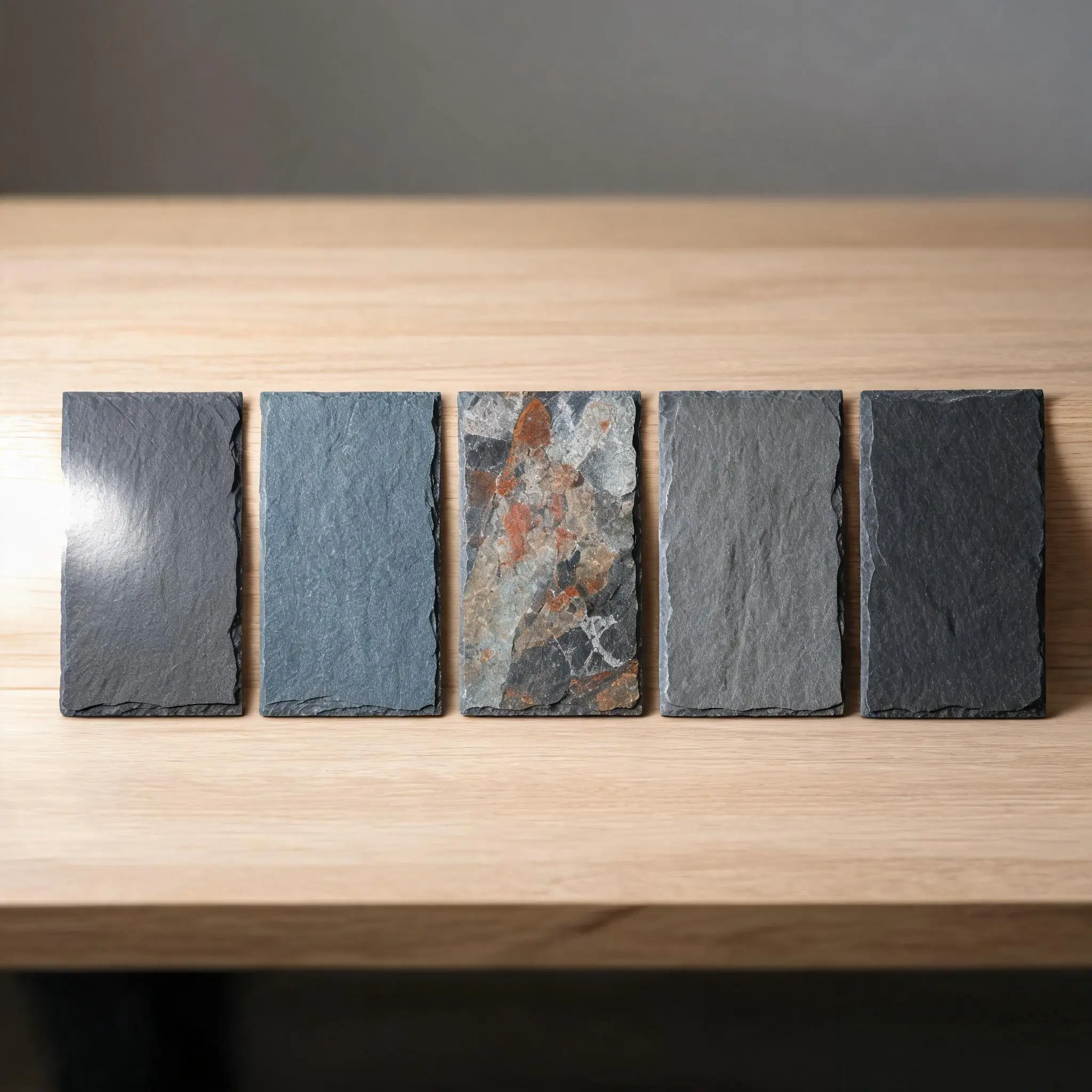 Roofing slate tiles from five different world origins arranged side by side showing colour and texture differences