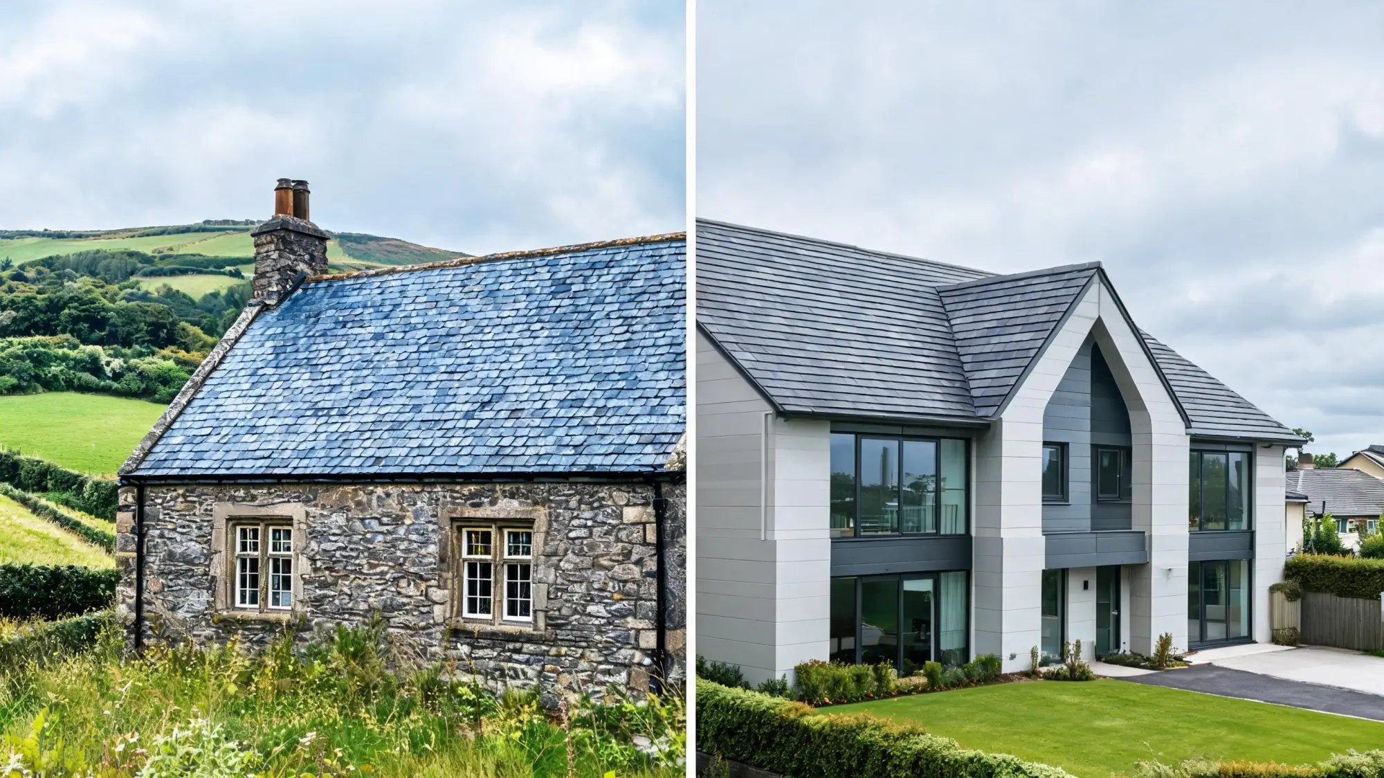 Traditional stone cottage with weathered slate roof beside a modern new-build house with dark grey slate roof