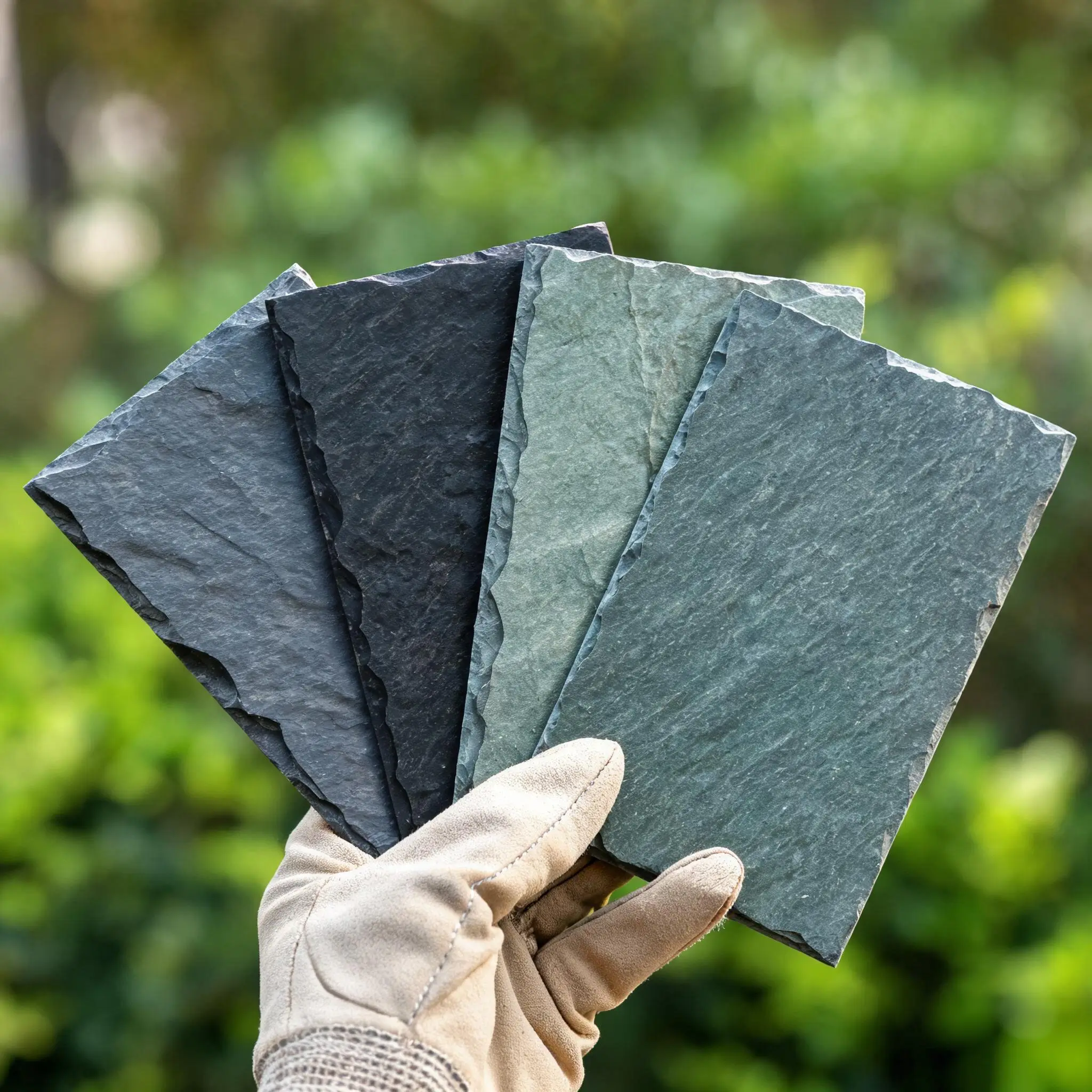 Hand-held roofing slate samples from different quarries showing natural colour variation from black to grey to green-grey
