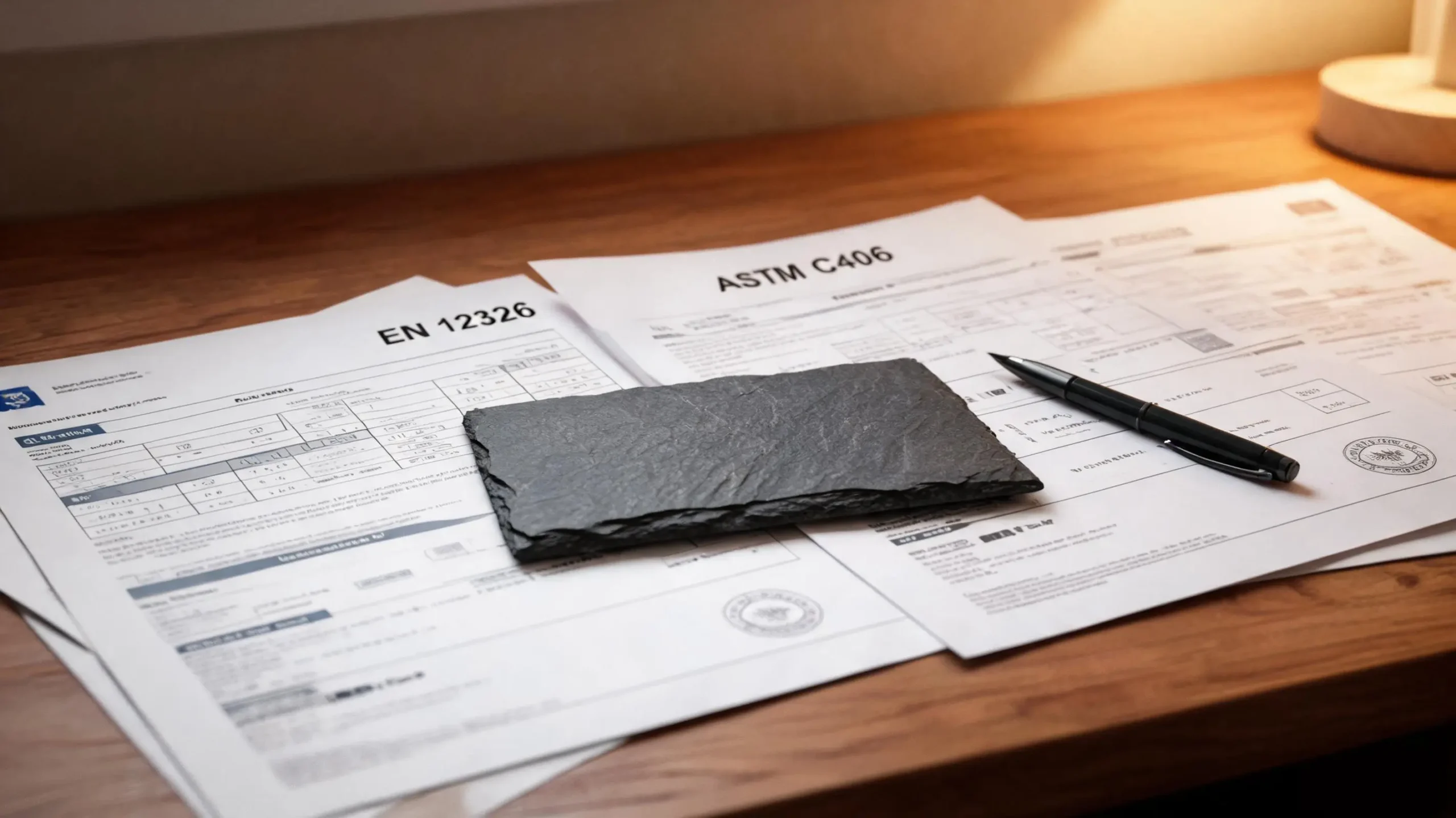 Laboratory test reports for roofing slate from different origins with EN 12326 and ASTM C406 documents on a desk