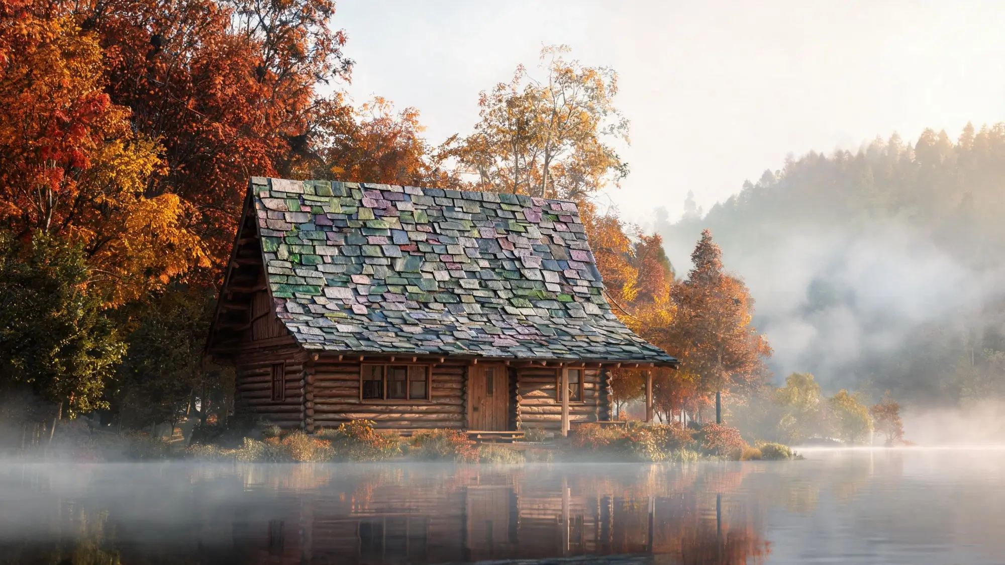 Mountain Cabin with Random-Width Multicolor Slate Roof Rustic cabin with random-width multicolor slate roof in autumn forest setting