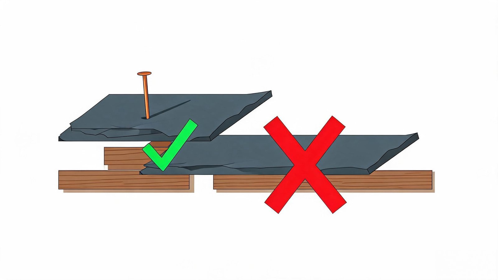 Where to step on a slate roof — safe and danger zones diagram Cross-section diagram showing where to step on a slate roof — safe zone vs danger zone