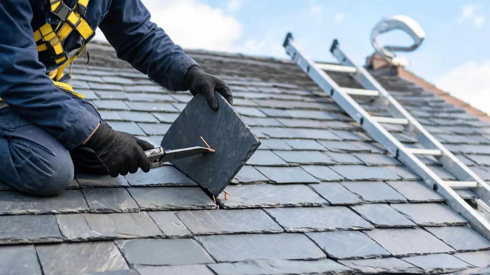 Roofer replacing a few slipped slate tiles on an otherwise sound roof