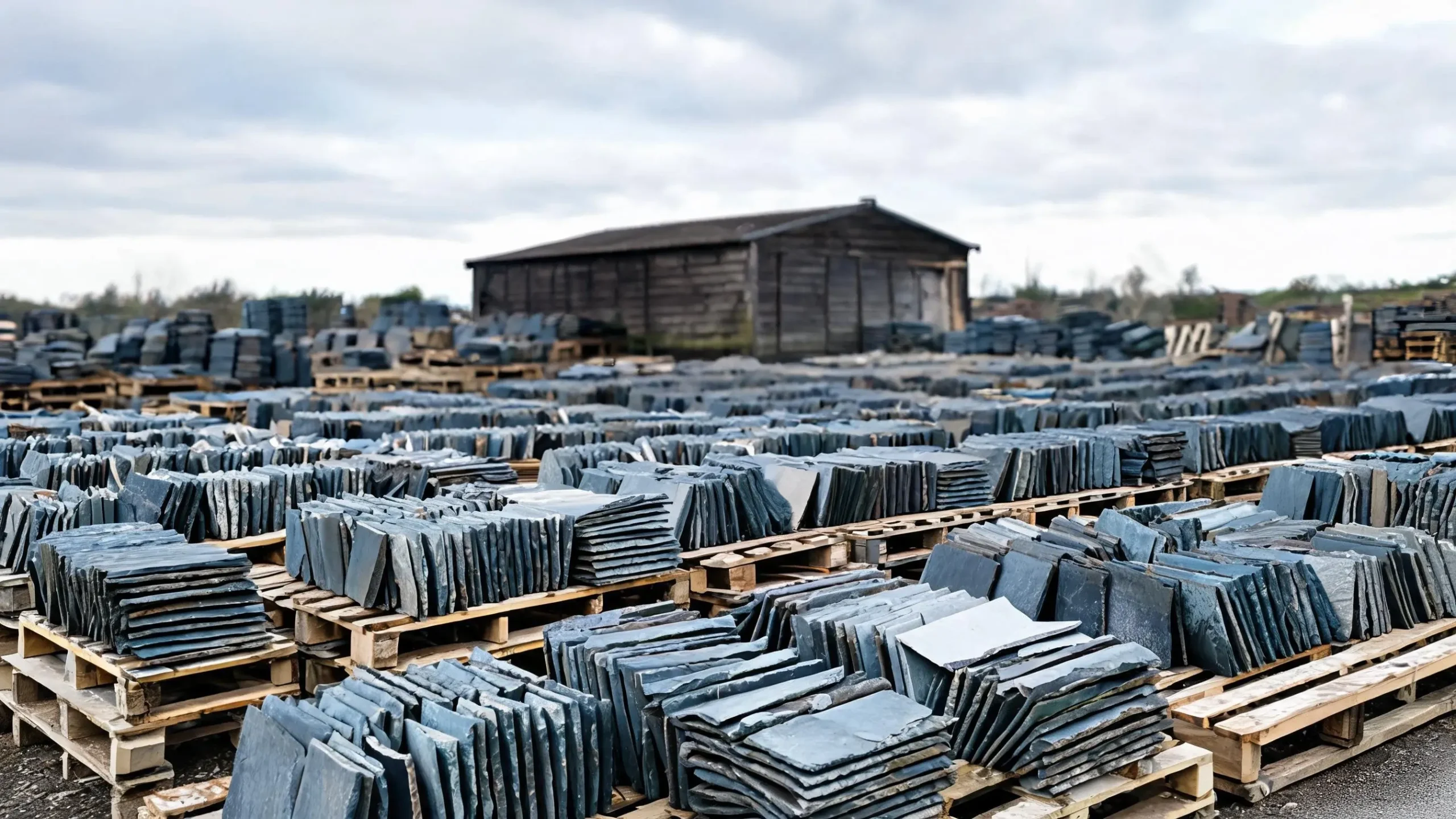 Reusing Existing Roofing Slate 1 Bundles of salvaged grey roofing slate tiles stacked on edge at a reclamation yard