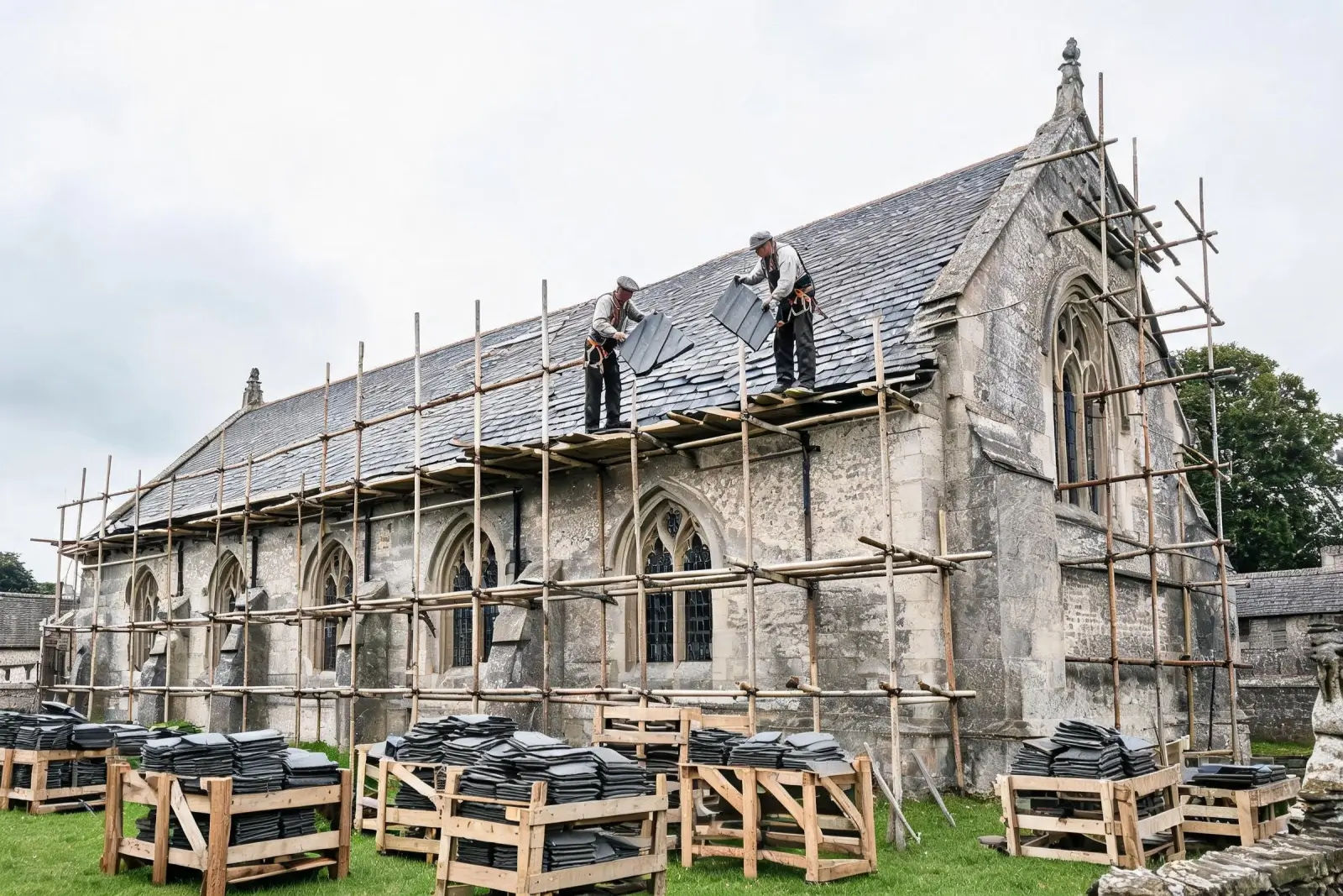 Heritage Building and Restoration Projects 3 Salvaged grey slate tiles sorted into labelled stacks on wooden stillages in a churchyard