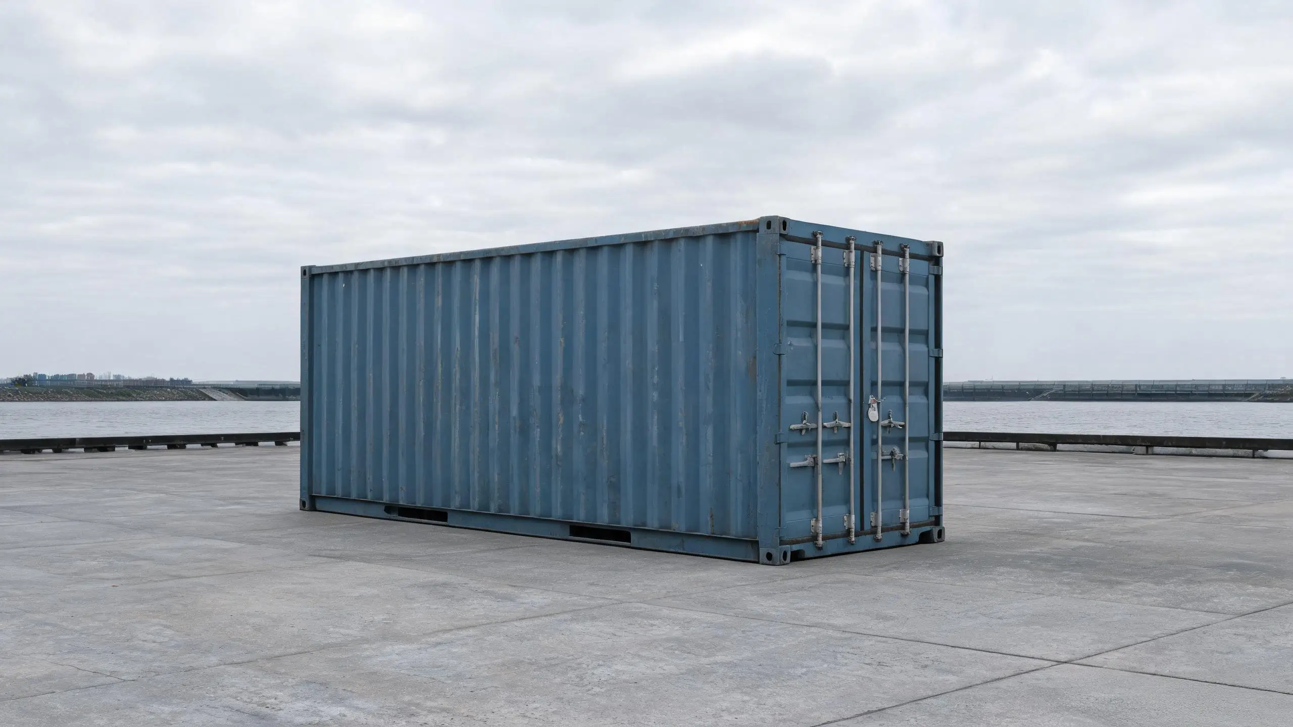 Sealed container at the Yangtze port Closed shipping container with a visible bolt seal standing in a riverside port yard