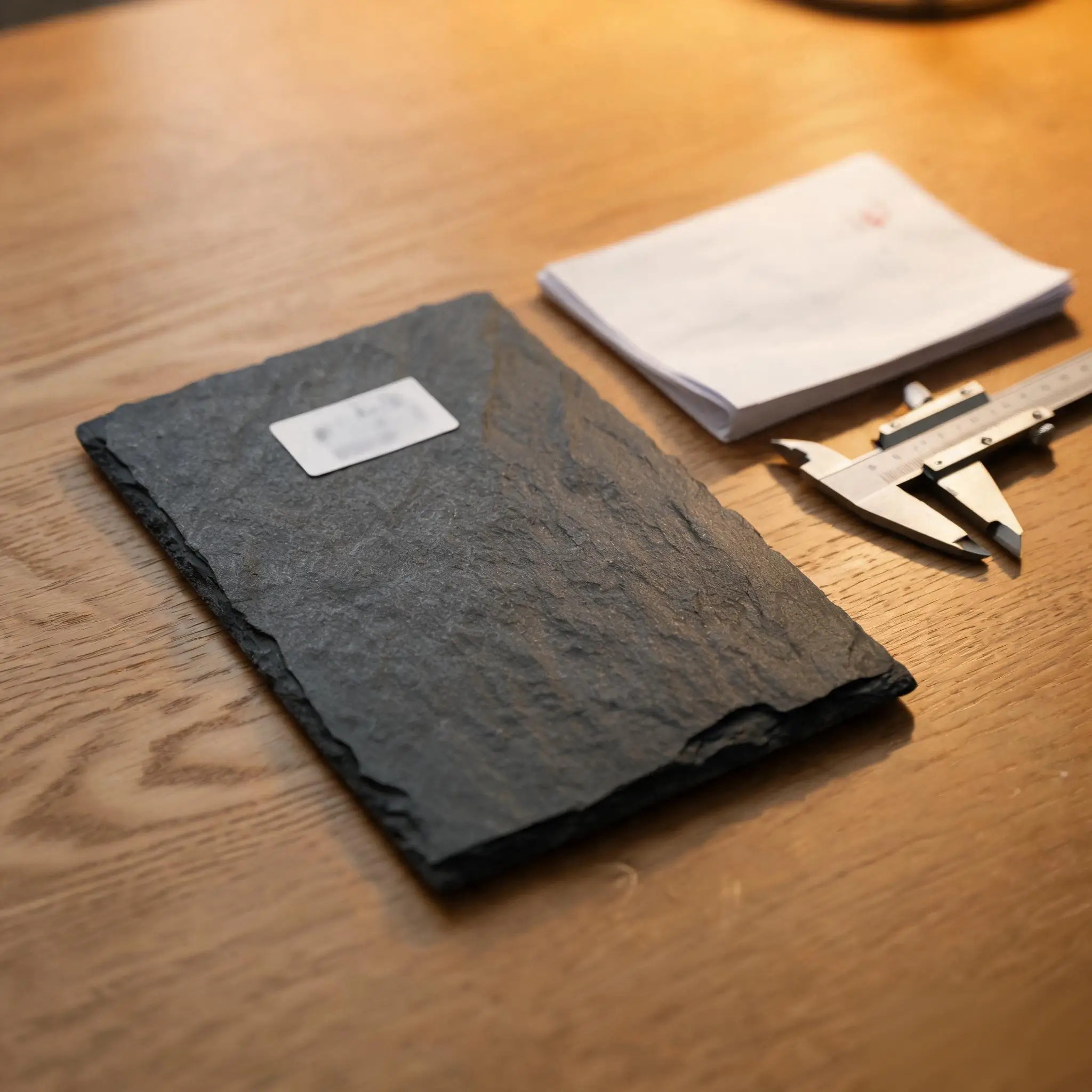 Why Roofing Buyers Choose Jiujiang Slate 5 Approved roofing slate sample with batch label, test report and measuring caliper on a desk