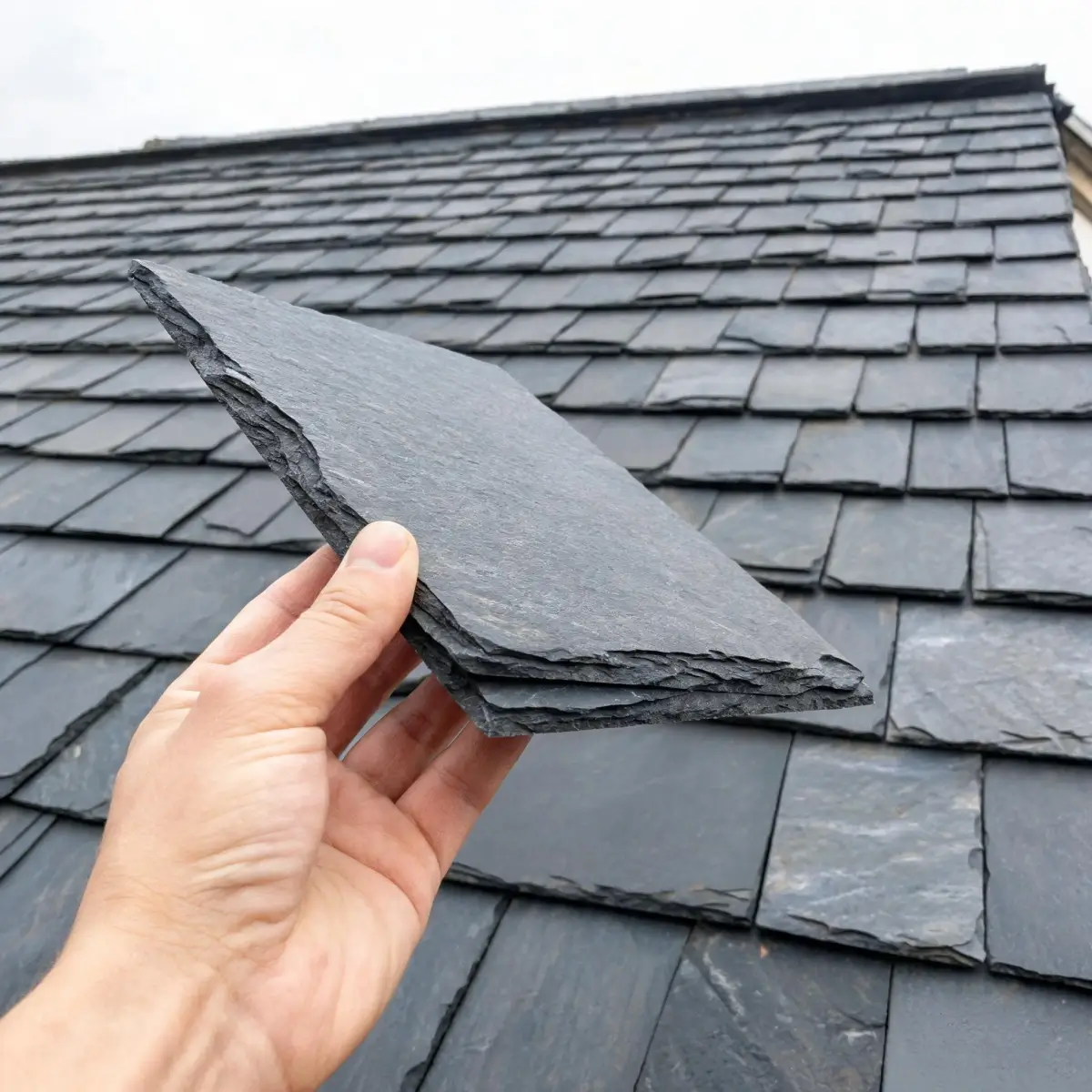 Single roofing slate tile held against completed slate roof background