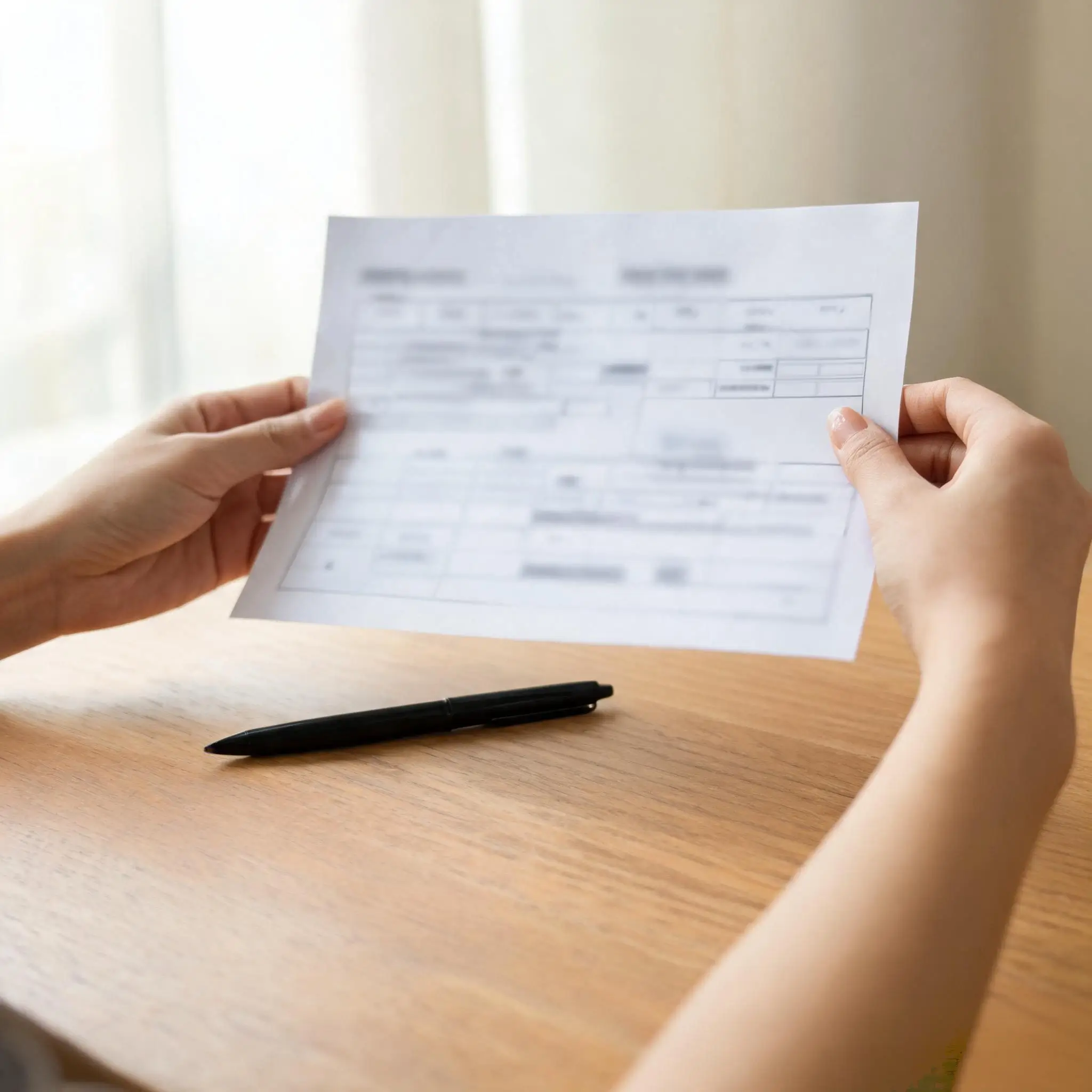 Hands reviewing a shipping document on a desk with a pen
