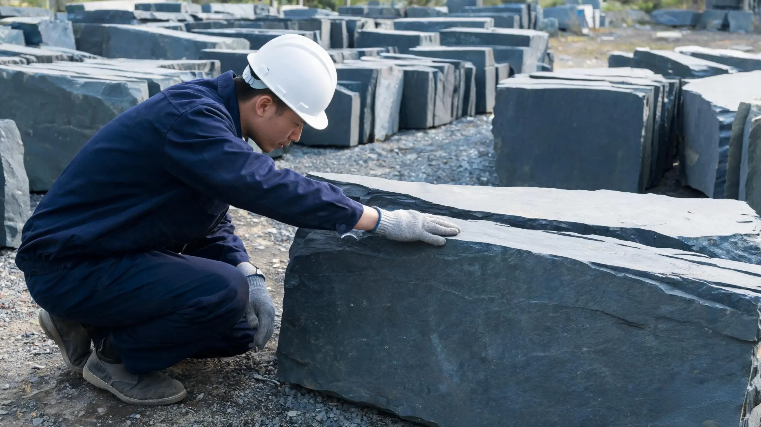Slate Block Grading Inspection Quality inspector crouching beside a large raw slate block examining the cleavage surface in a quarry storage yard