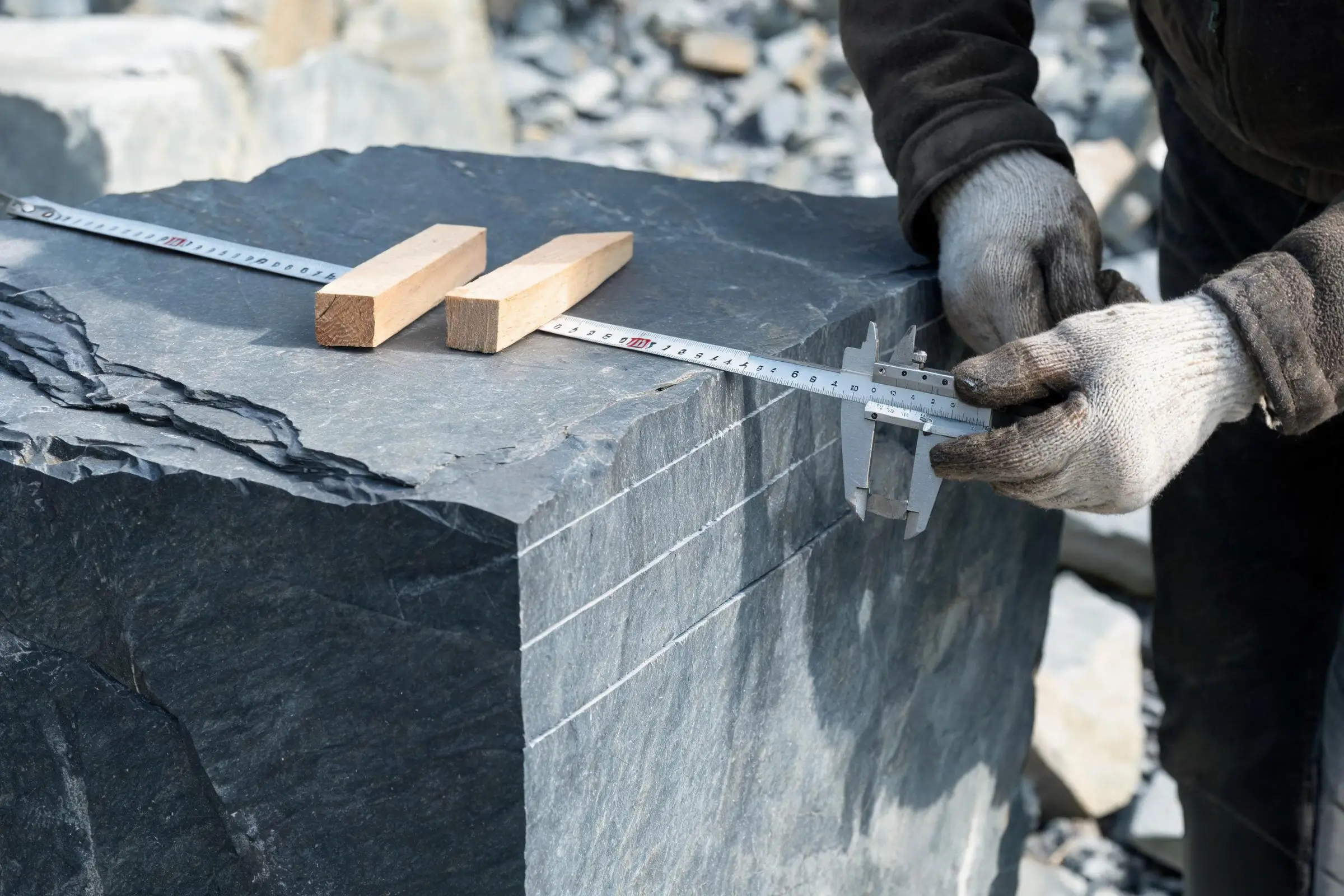 Measuring slate block dimensions for roofing or billiard selection Measuring slate block dimensions with calipers and tape at the quarry