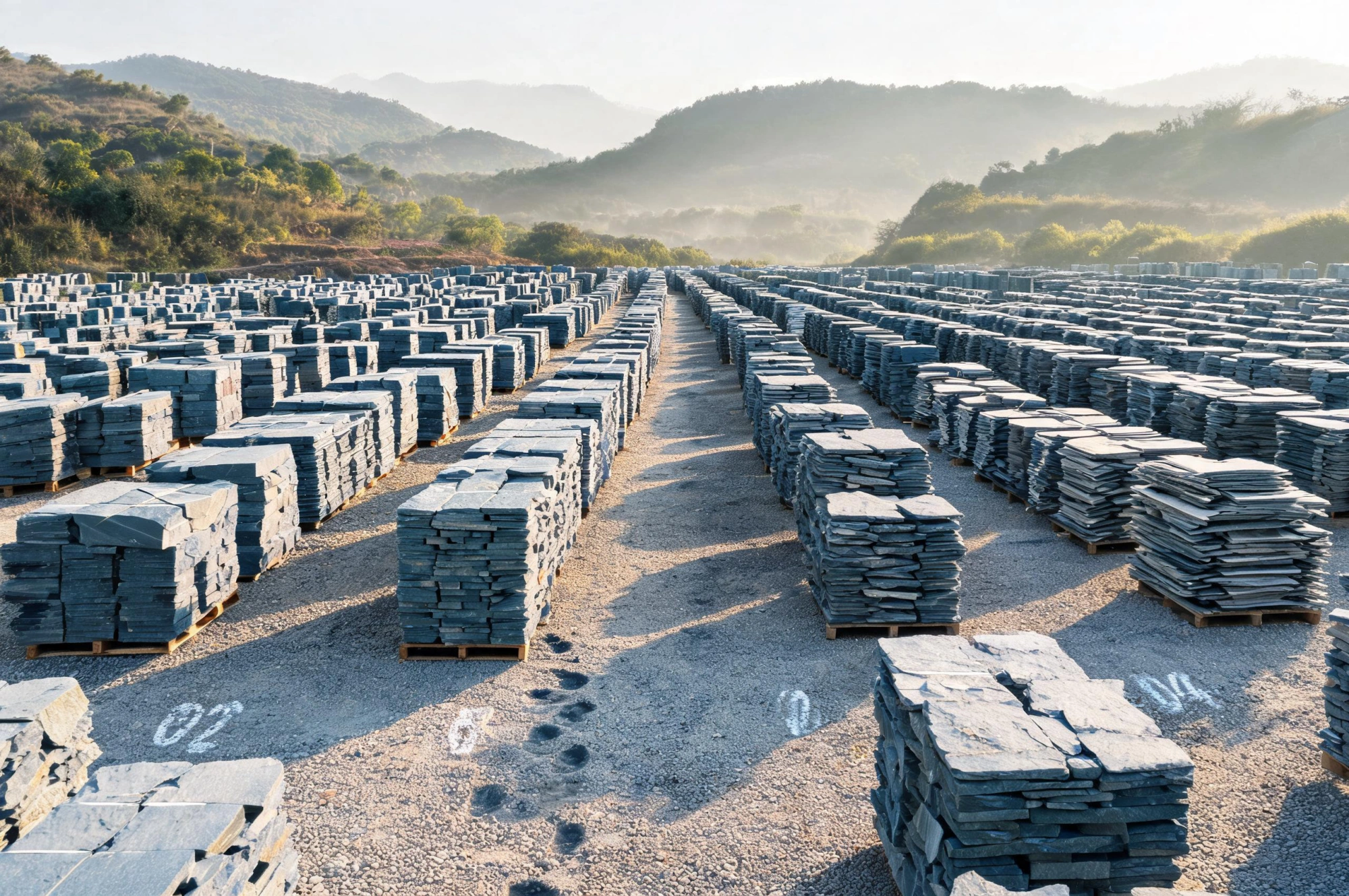 Jiujiang Slate Resources and Quarry Reserves 4 Slate block stockyard in the Hengtang processing belt, rows of sawn grey-blue blocks stacked like loaves between the quarries and the factories