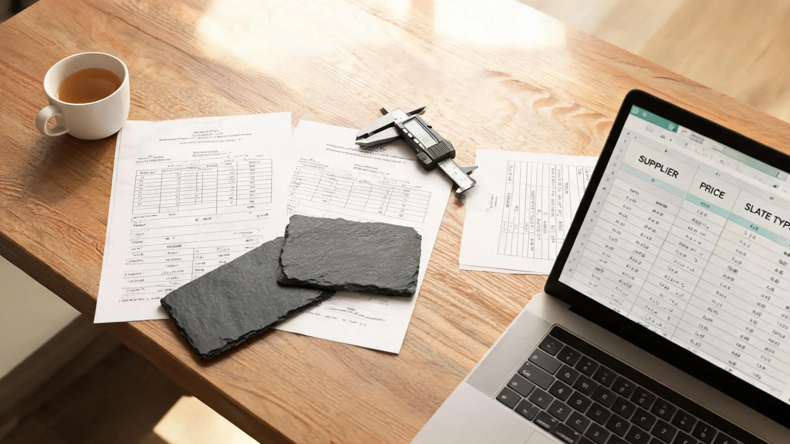 Comparing slate supplier quotations on a buyer's desk Three slate supplier quotations compared on a buyer's desk with slate samples and a caliper