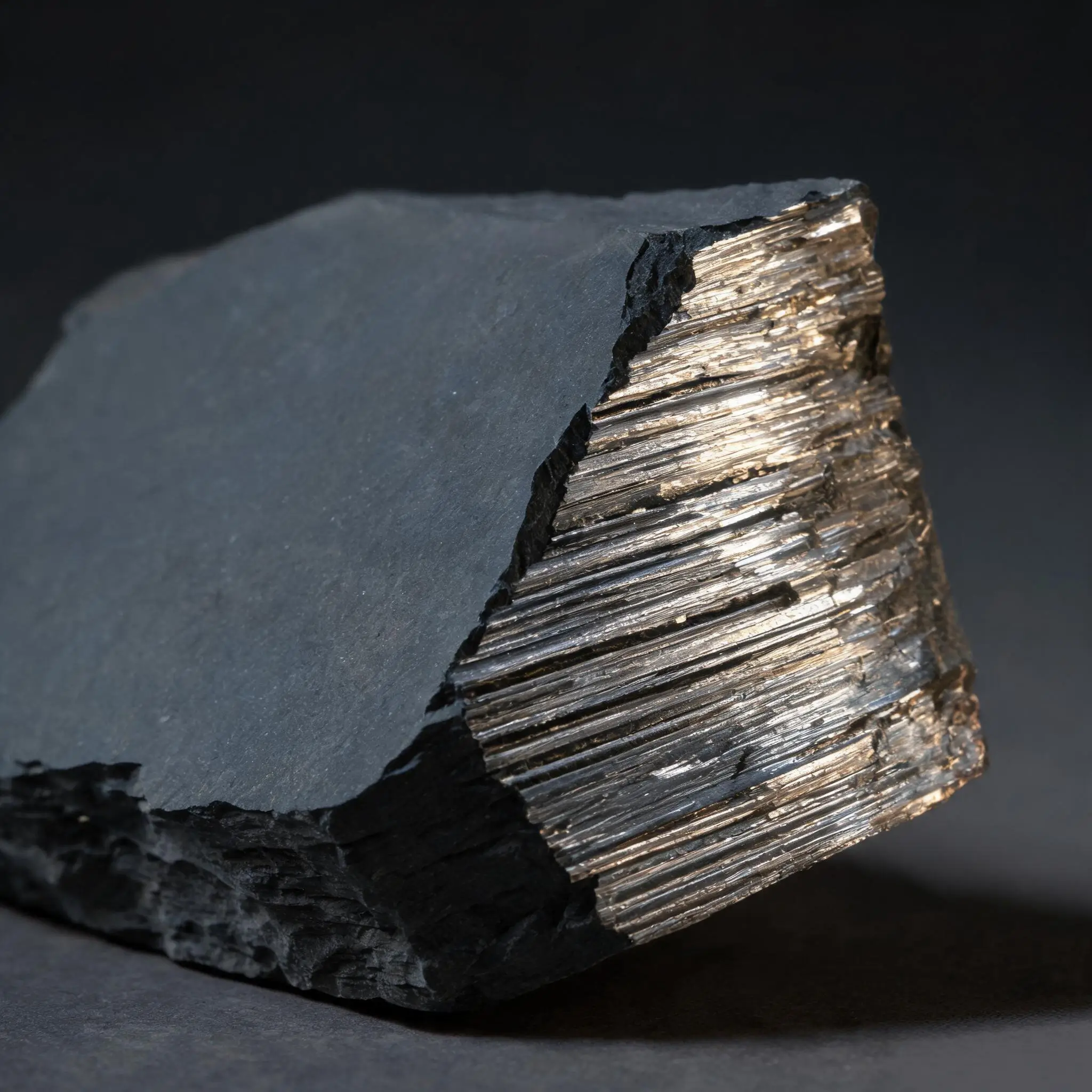 Jiujiang Slate Mineral Composition 2 Cleavage plane of Jiujiang slate showing the aligned muscovite mica sheet structure visible under side lighting