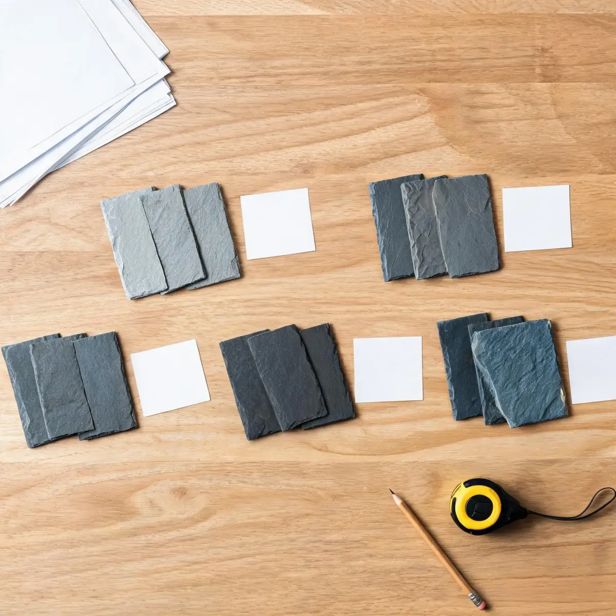 Slate colour approval samples arranged on desk for roofing project specification