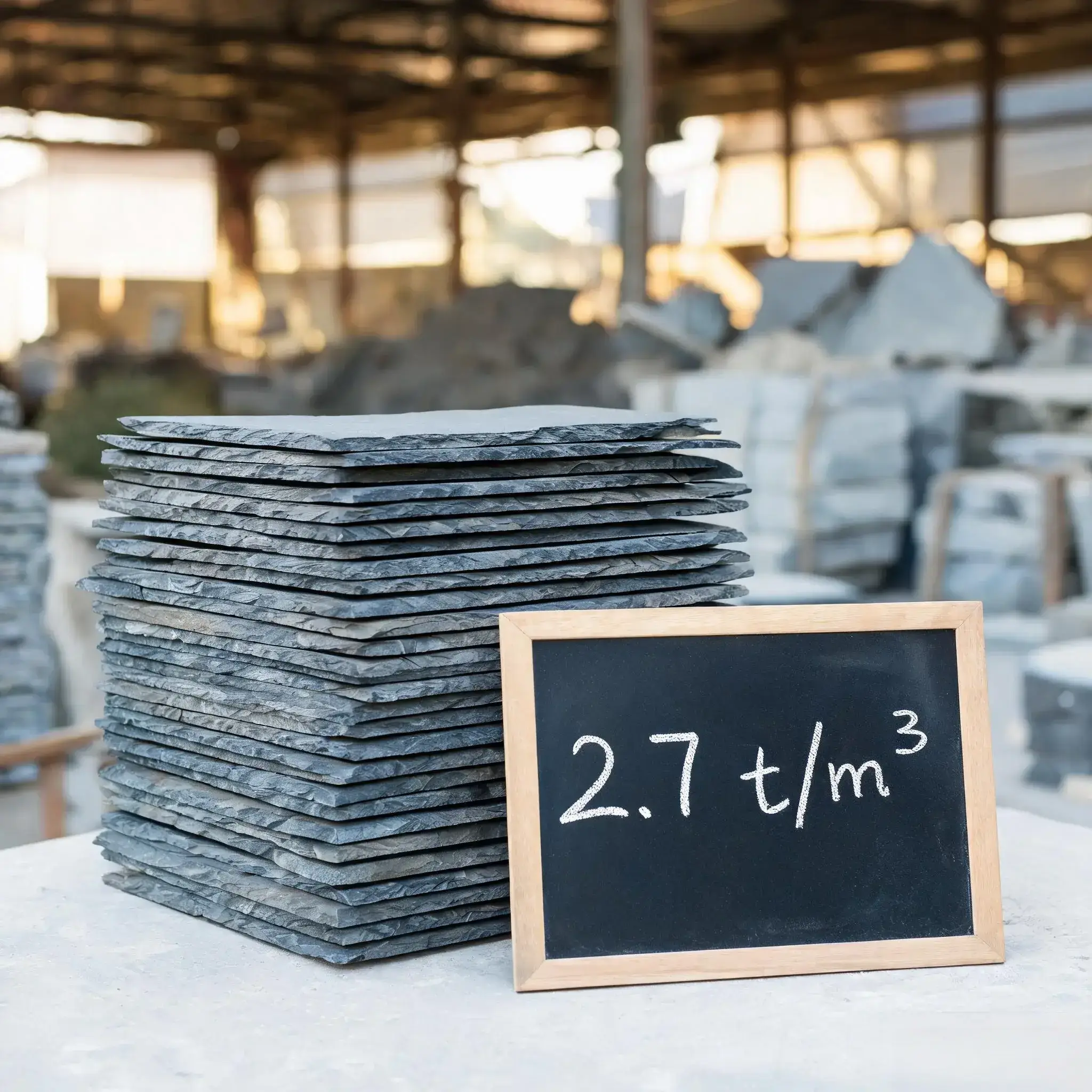 Roofing Slate Technical Data 4 stacked natural roofing slate tiles showing density formula 2.7 tonnes per cubic metre