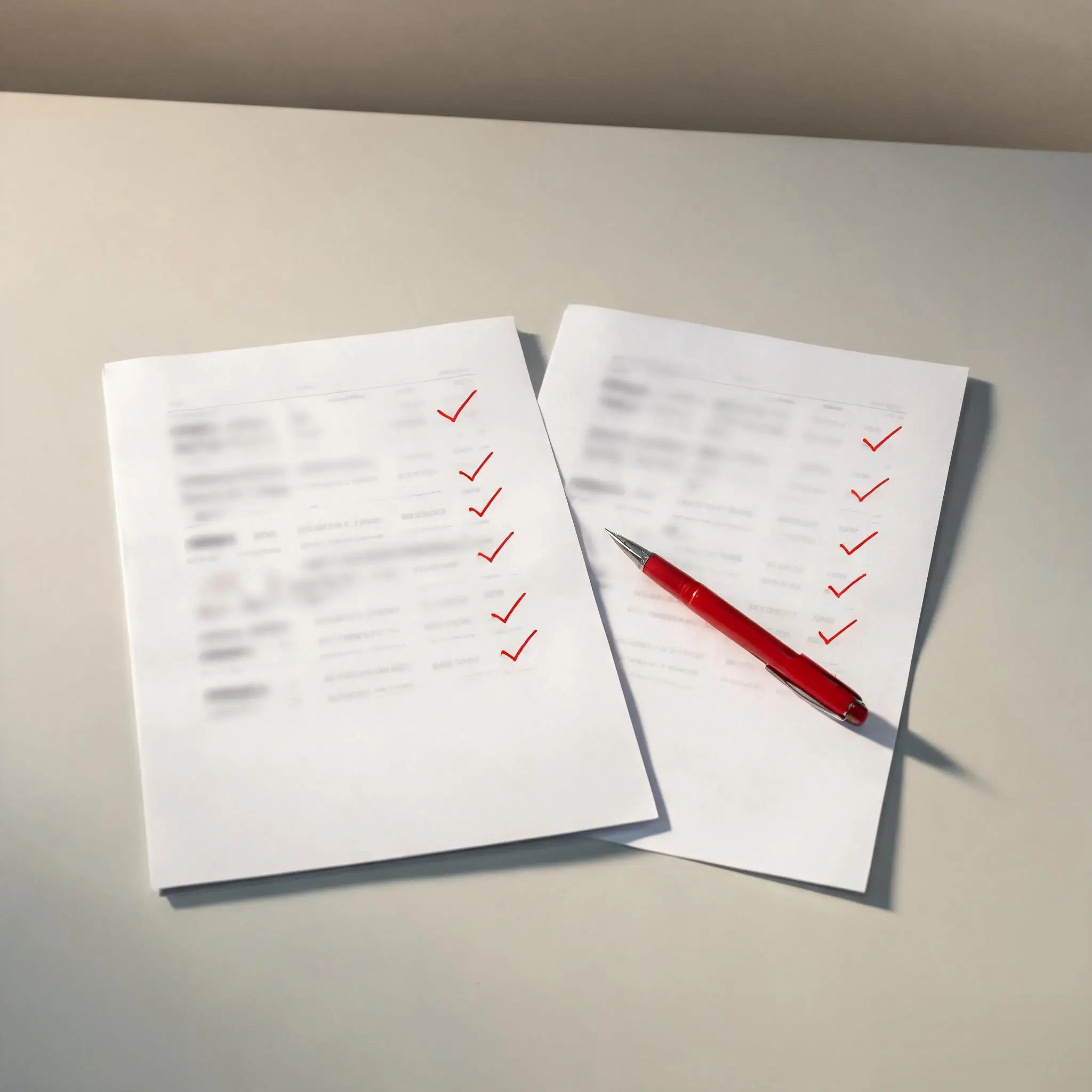 Two shipping documents compared side by side on a desk with a red pen