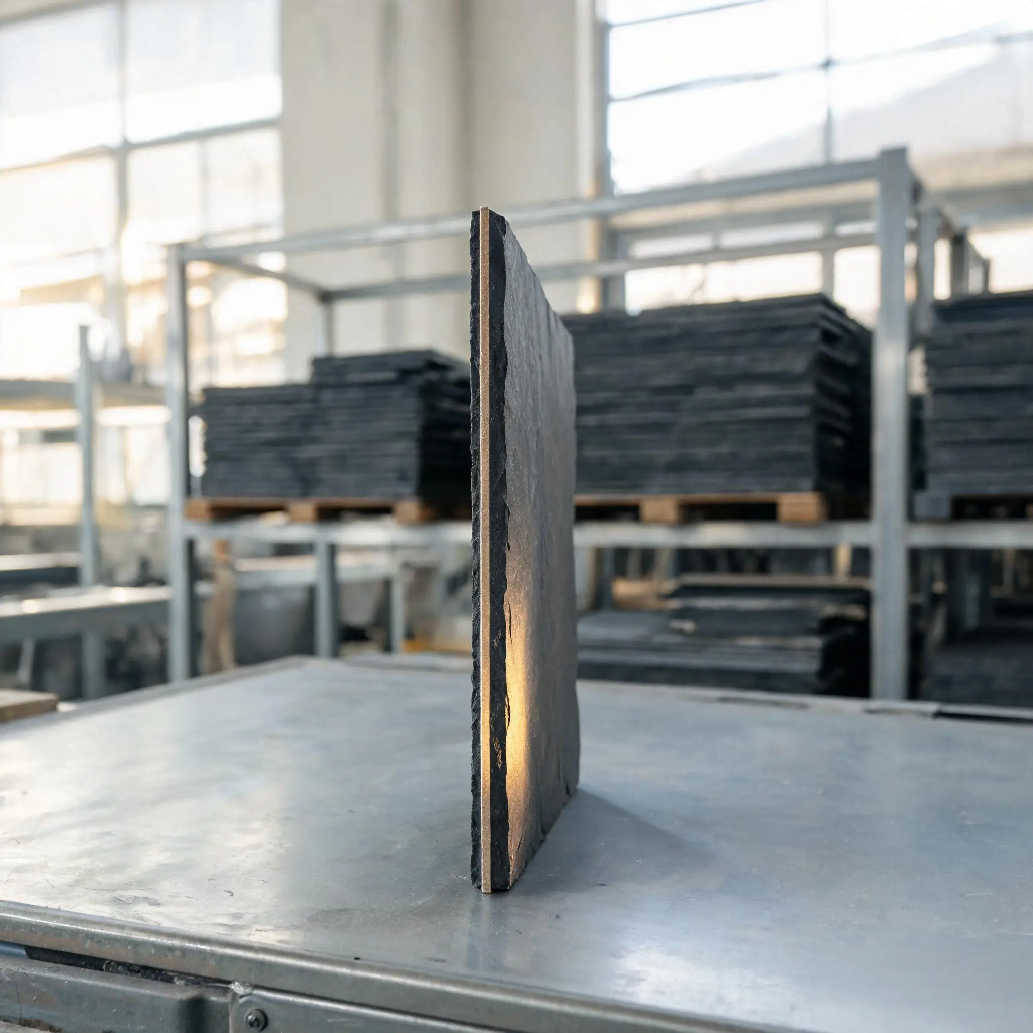 Slate Edge Inspection Profile Slate roofing tile standing upright showing its cut edge profile in warm light