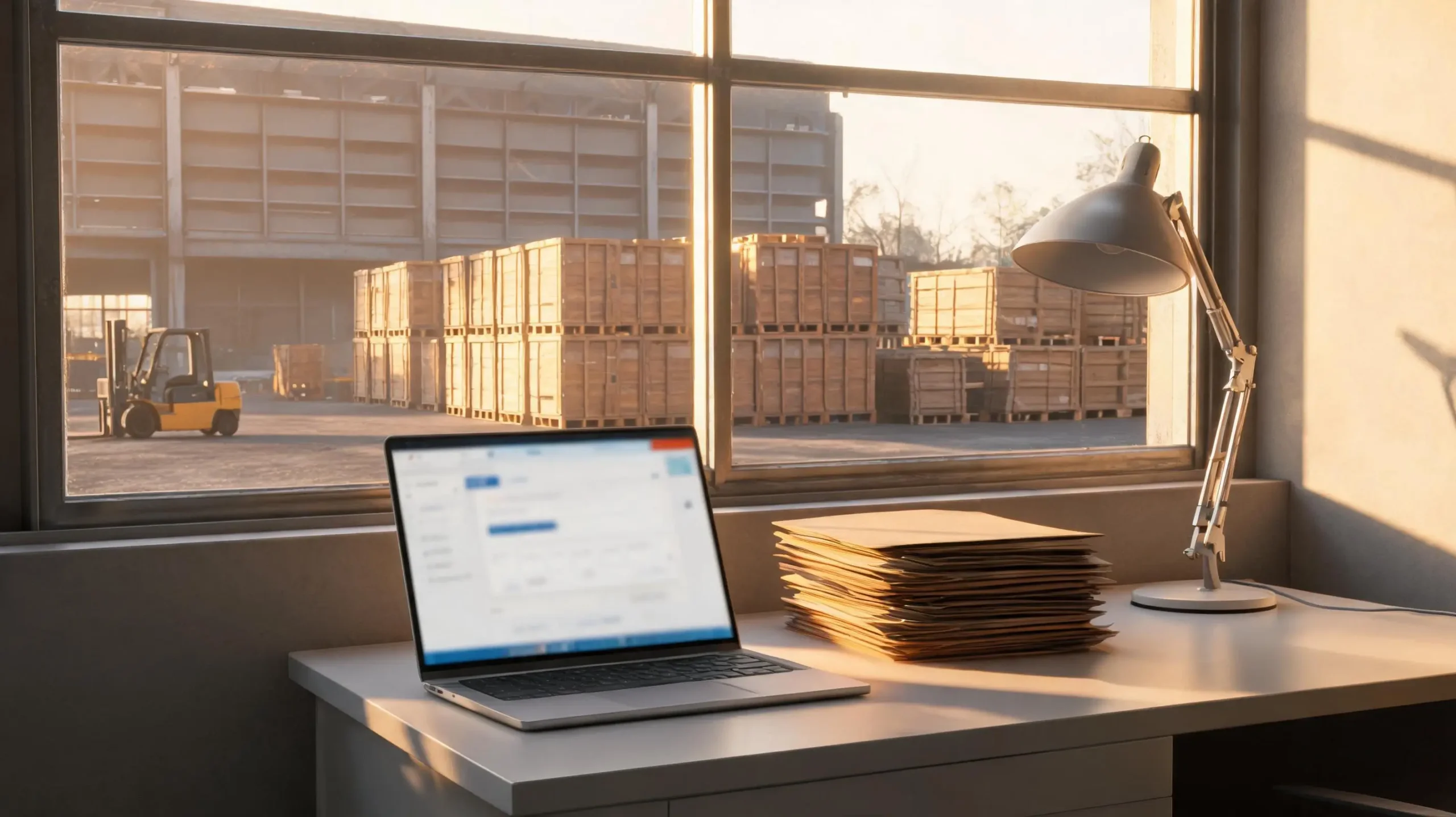 Export coordinator's workspace overlooking a factory yard with stacked crates