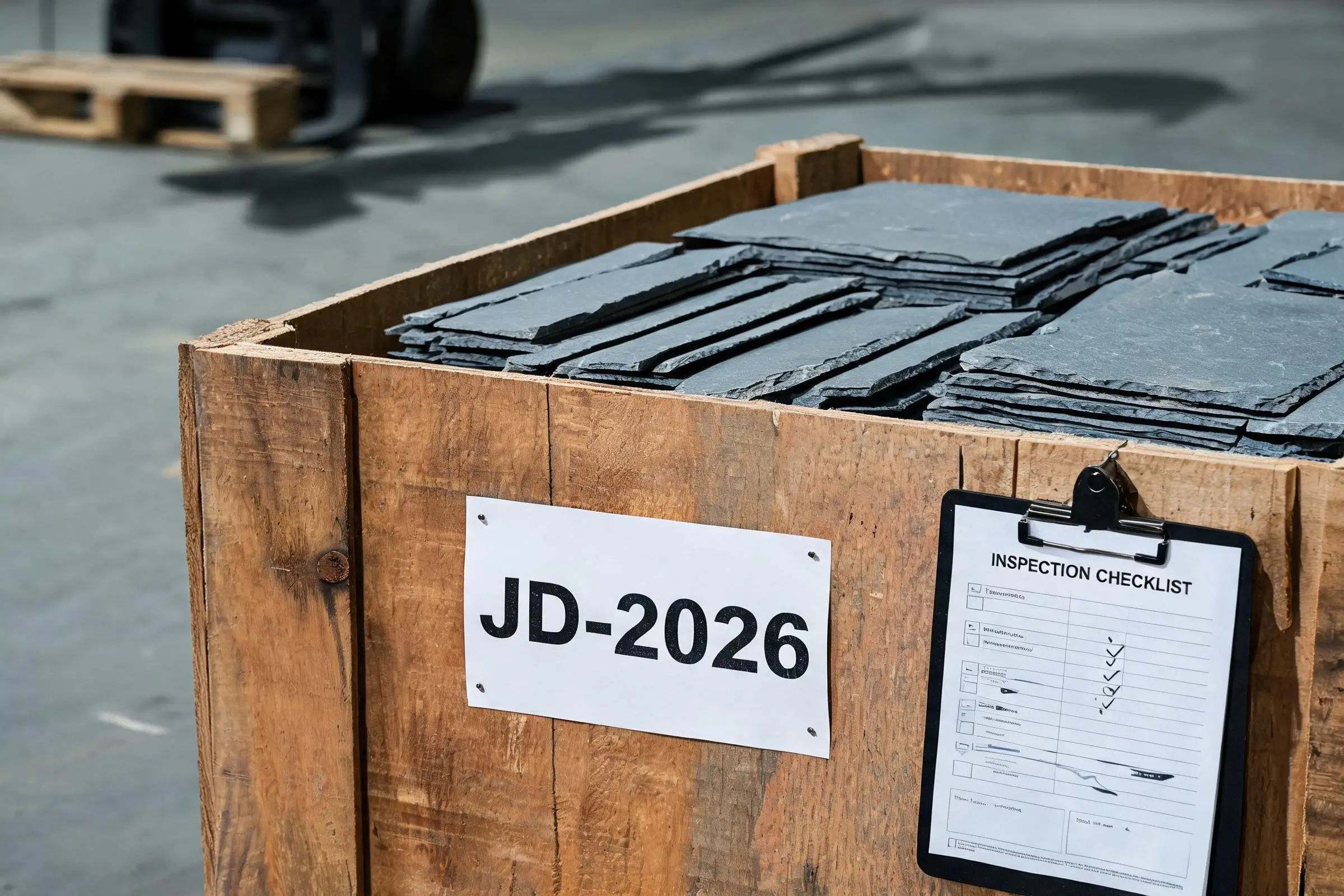 Slate Testing: What Buyers Should Ask For 5 Export crate with batch number label in a stone factory warehouse