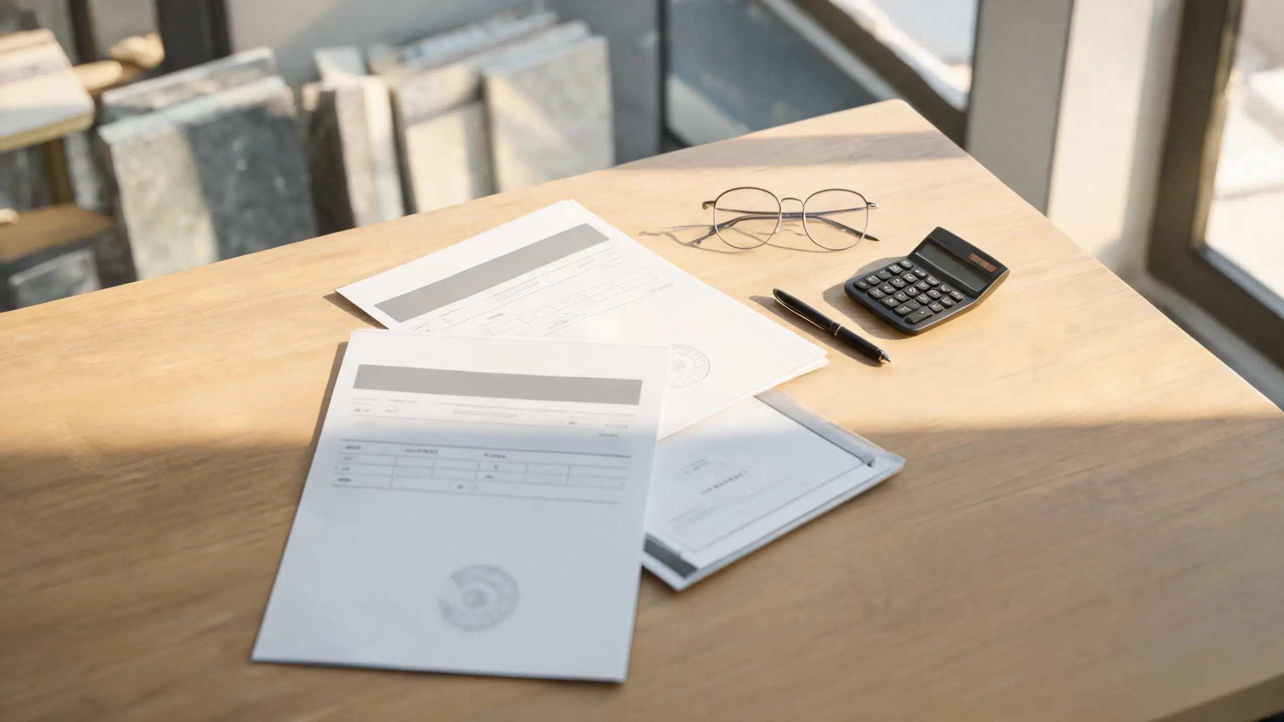 How to Verify a Jiujiang Slate Supplier 4 Export documents — invoice, packing list and test report — arranged on a factory office desk
