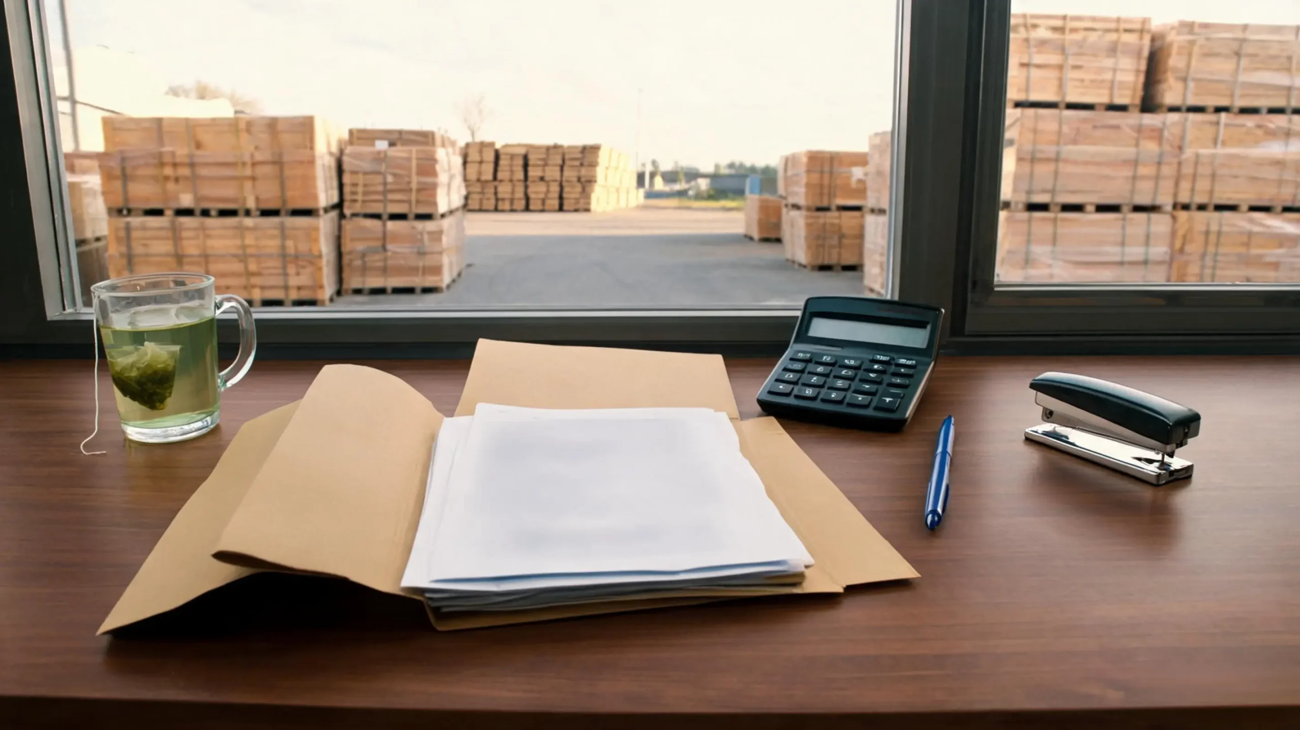 Export coordinator's desk with shipping documents and calculator, factory yard visible through window