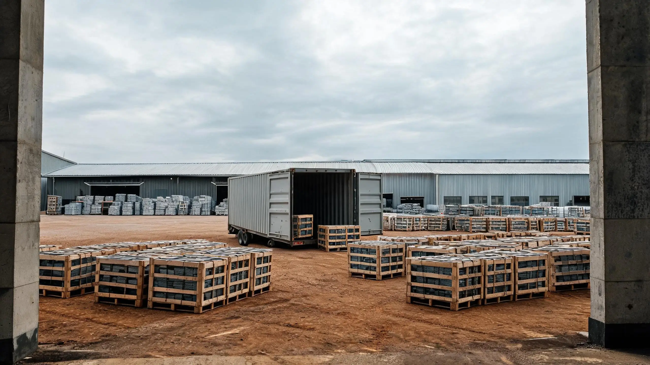 Shipping container and wooden crates of slate in a factory loading yard, viewed from inside the factory gate